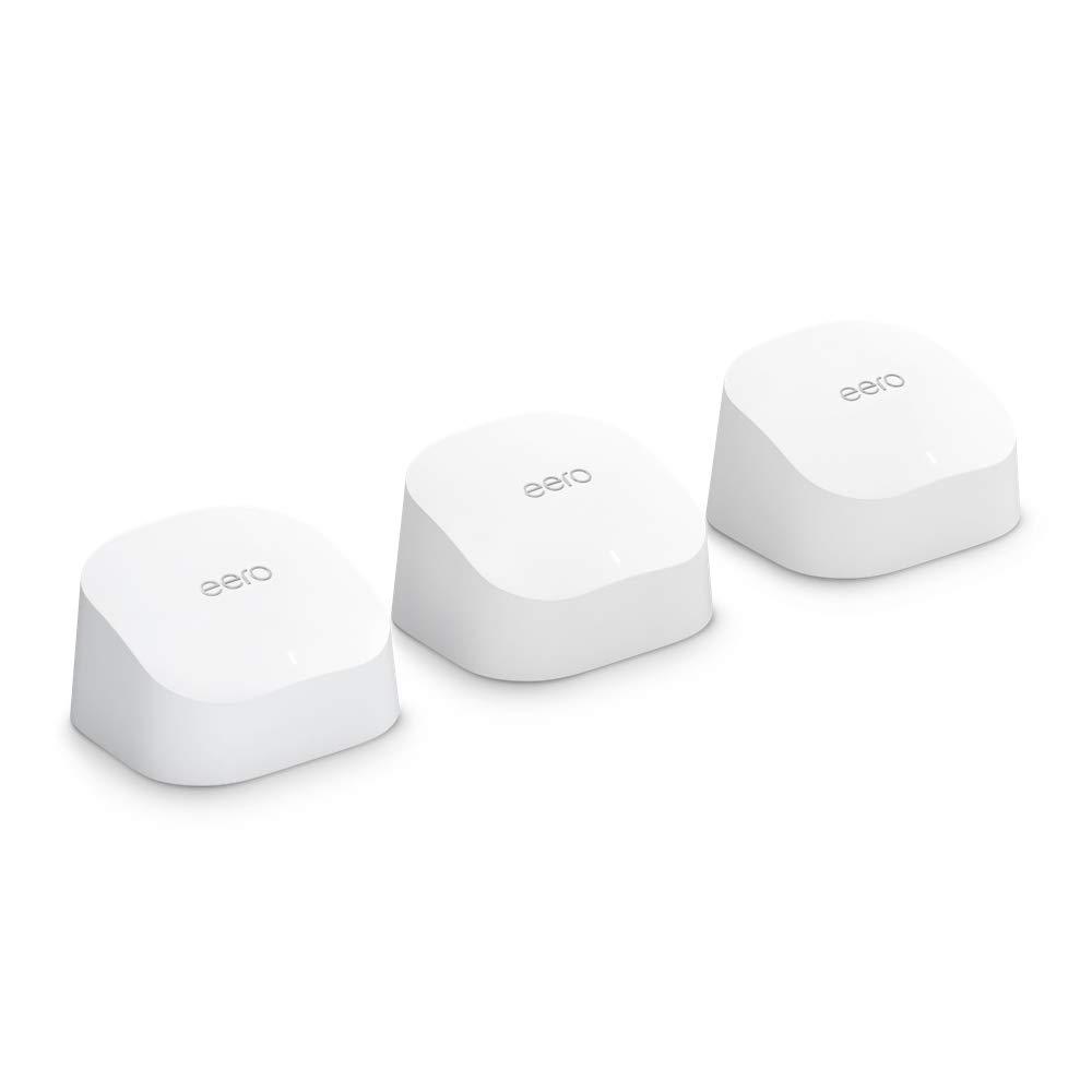 Amazon eero 6 three-pack mesh wifi system on white background
