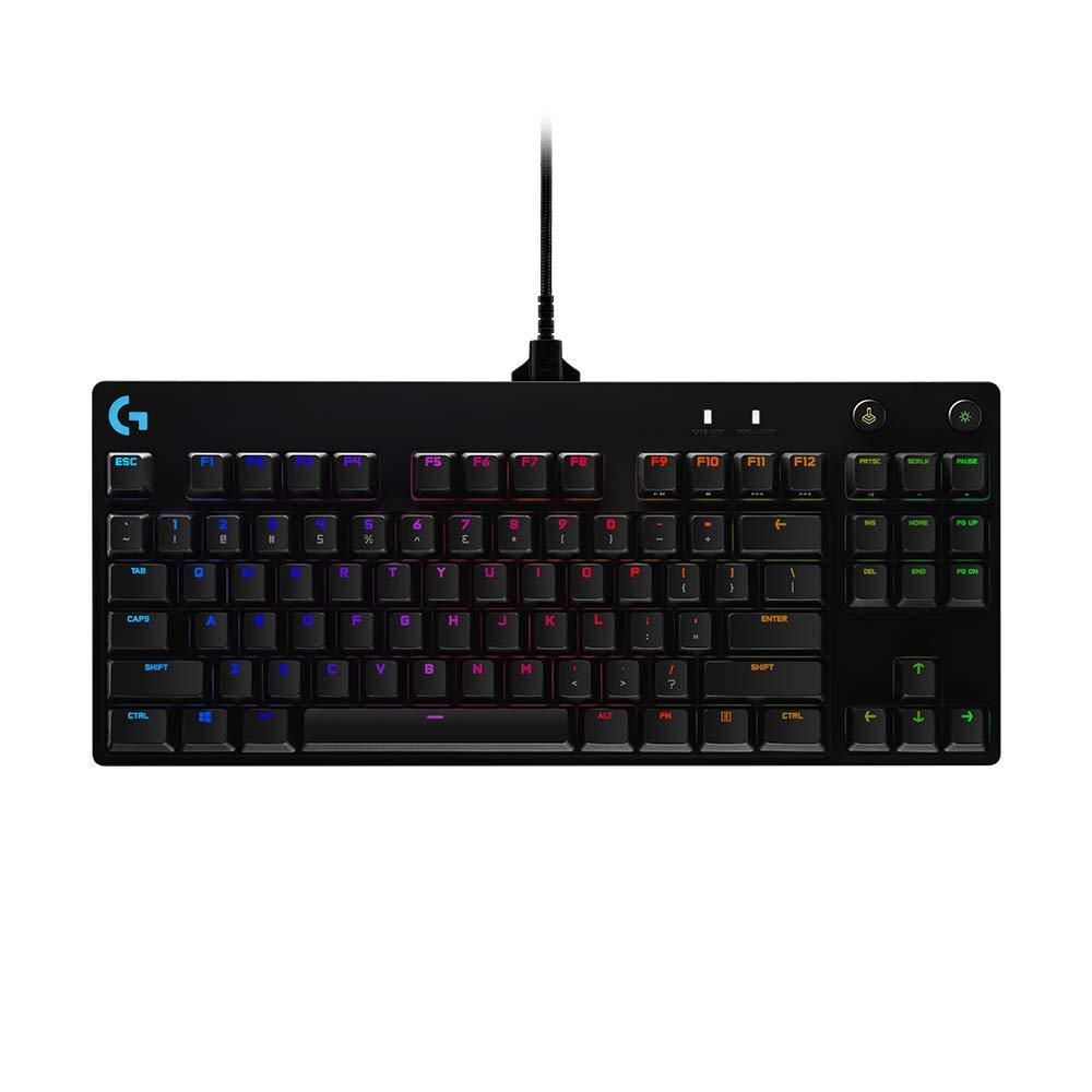 Logitech G PRO Tenkeyless mechanical gaming keyboard with RGB backlit keys on desk