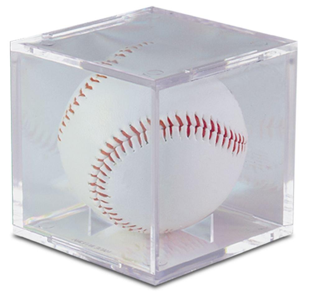 Ultra Pro Baseball Clear Square UV Holder displaying a signed baseball