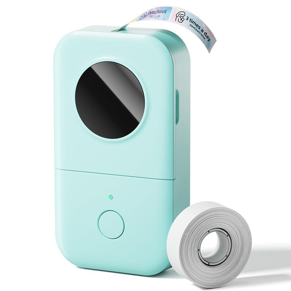 Phomemo D30 portable Bluetooth label maker in white on a desk with colored tape cassettes
