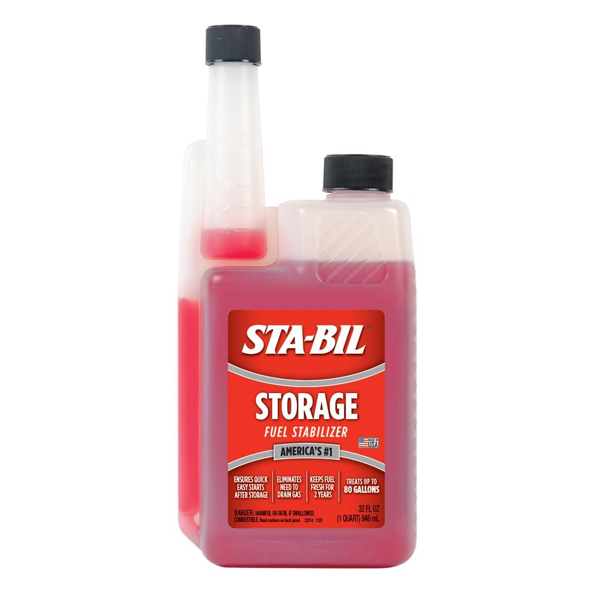 STA-BIL Storage Fuel Stabilizer 32 oz bottle with red label and measuring cap