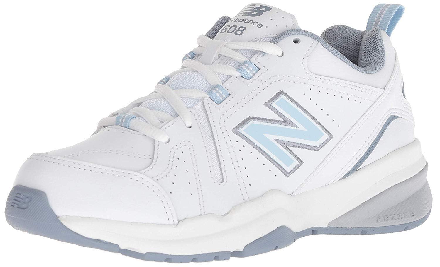 New Balance Women's 608 V5 Casual Comfort Cross Trainer in white and light blue