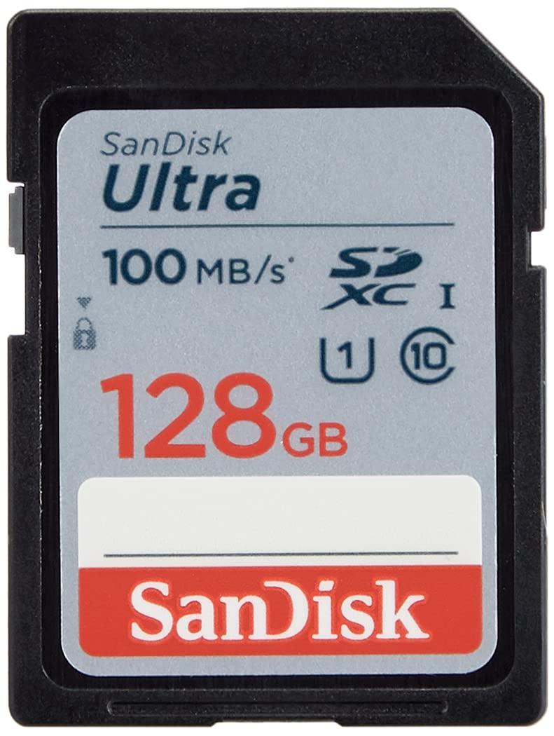 SanDisk 128GB Ultra SDXC memory card on white background