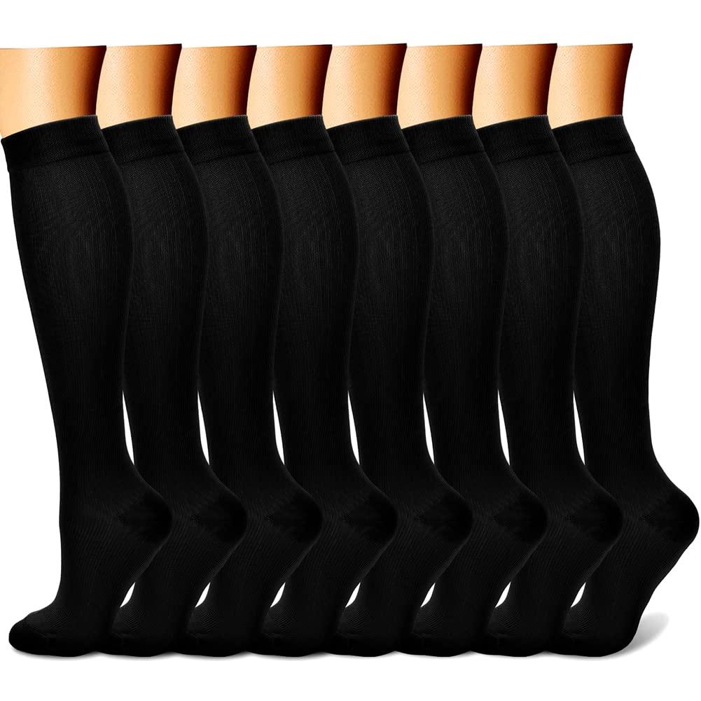 CHARMKING Compression Socks 8 Pairs in black, knee-high with wide calf support