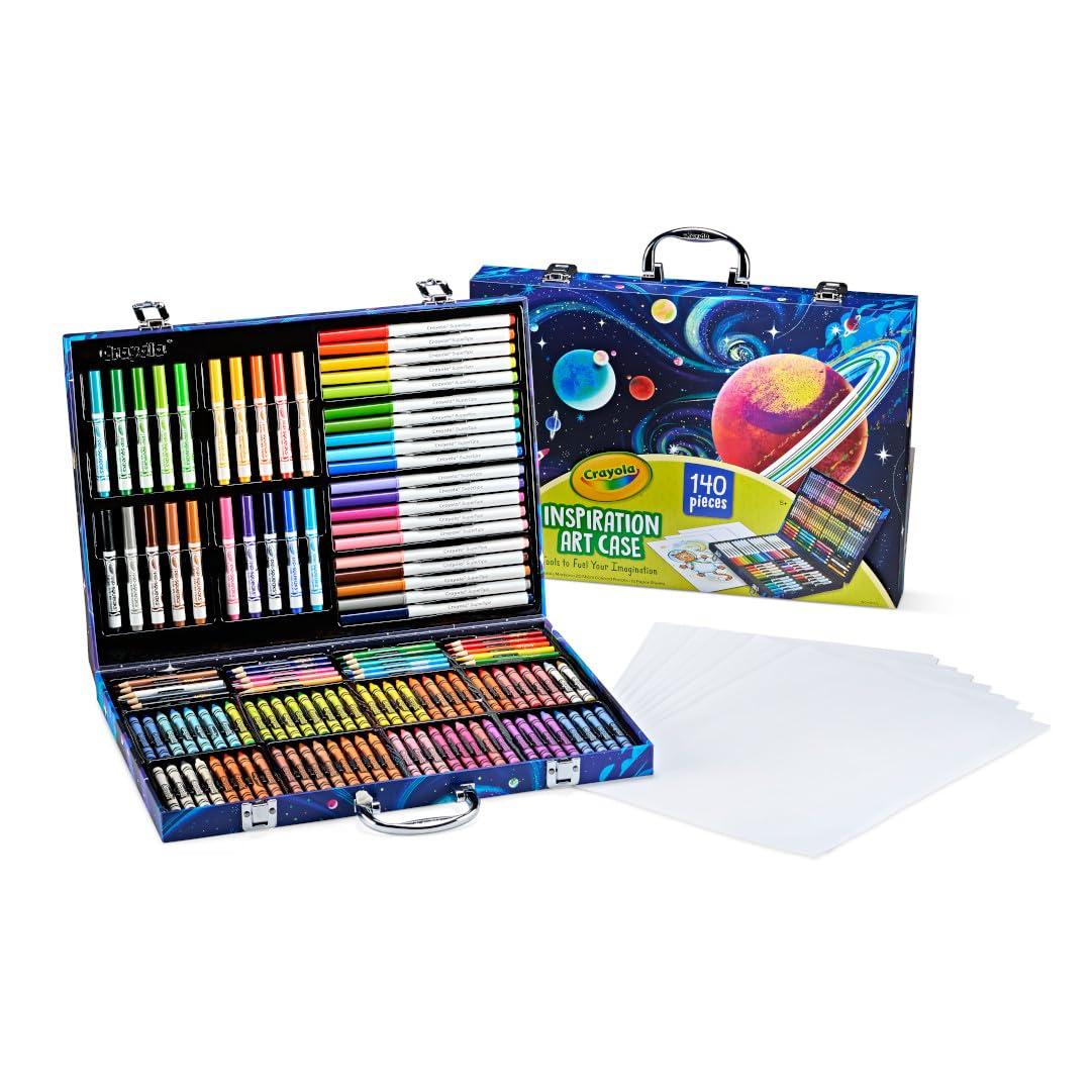Crayola Inspiration Art Case Space Theme opened showing crayons, markers, and colored pencils