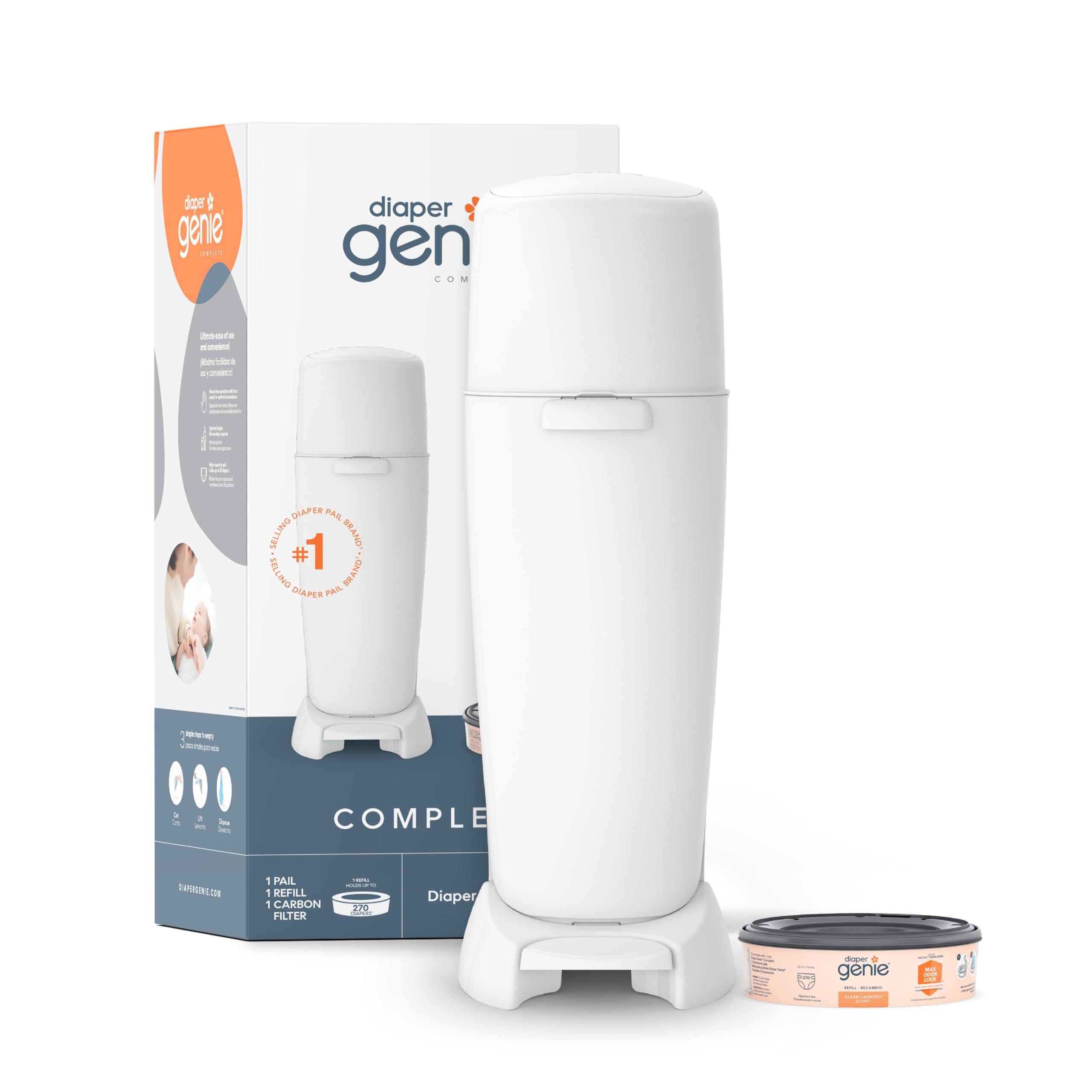 Diaper Genie Complete Diaper Pail in white on nursery floor