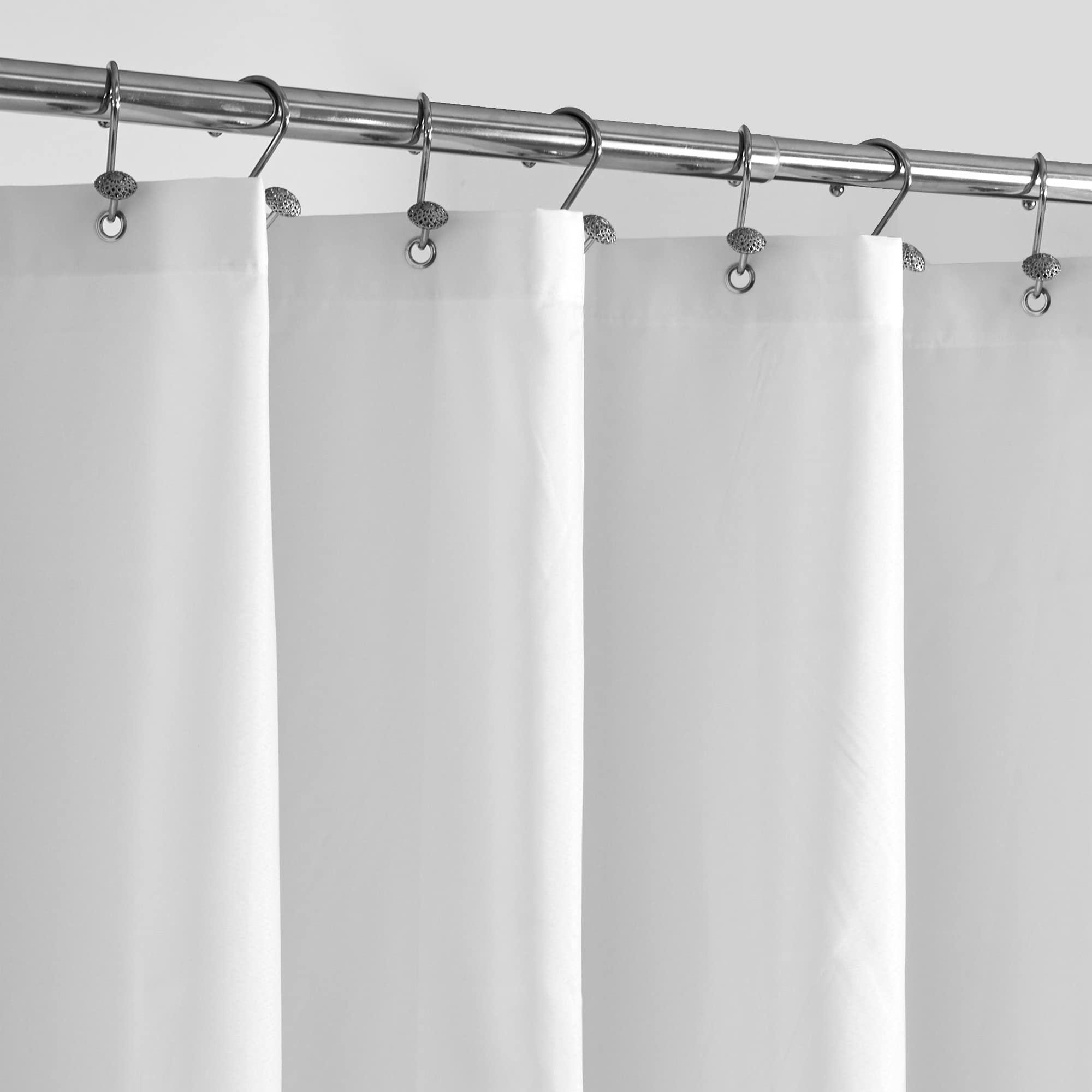 ALYVIA SPRING Extra Long Fabric Shower Curtain Liner in white, hanging in a bathroom