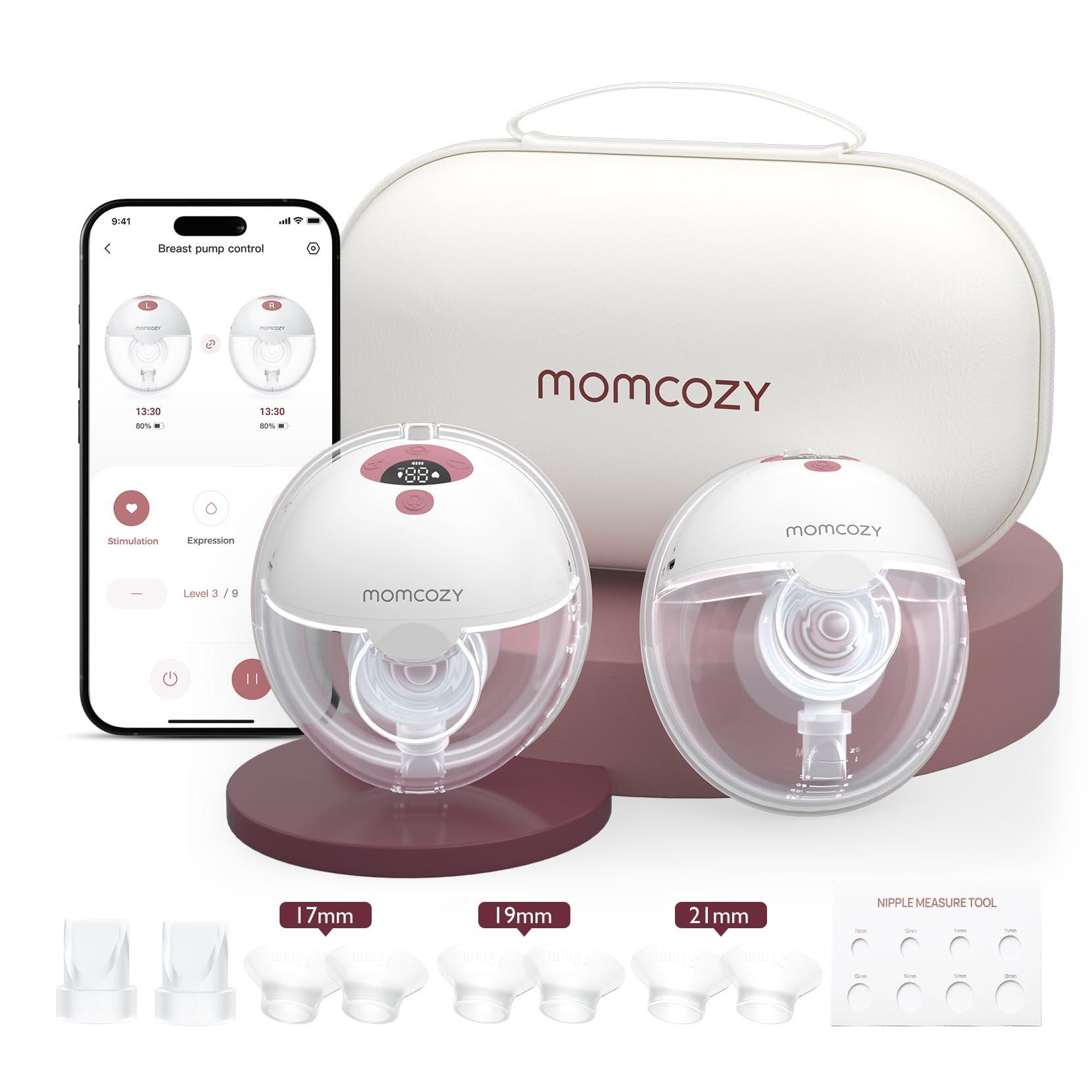 Momcozy M5 Smart Wearable Breast Pump in Cozy Red showing app control