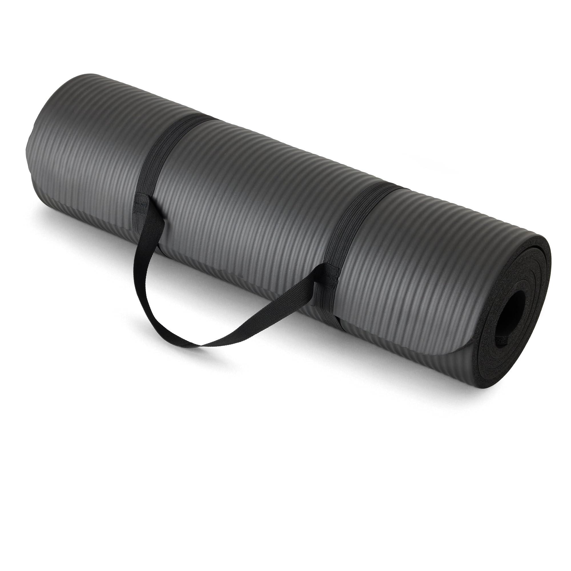 Amazon Basics 1/2 inch thick black yoga mat with carrying strap