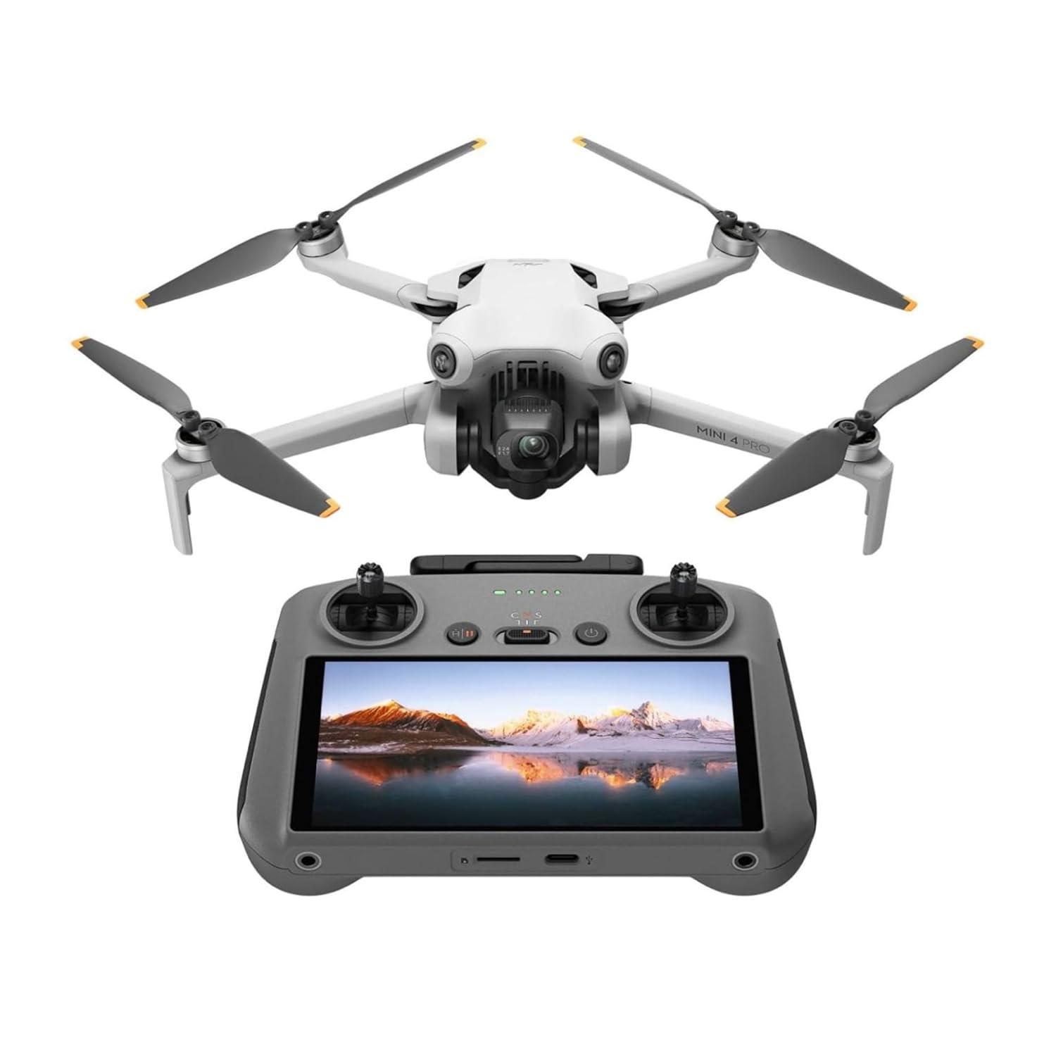 DJI Mini 4 Pro drone with RC 2 controller floating against clean background