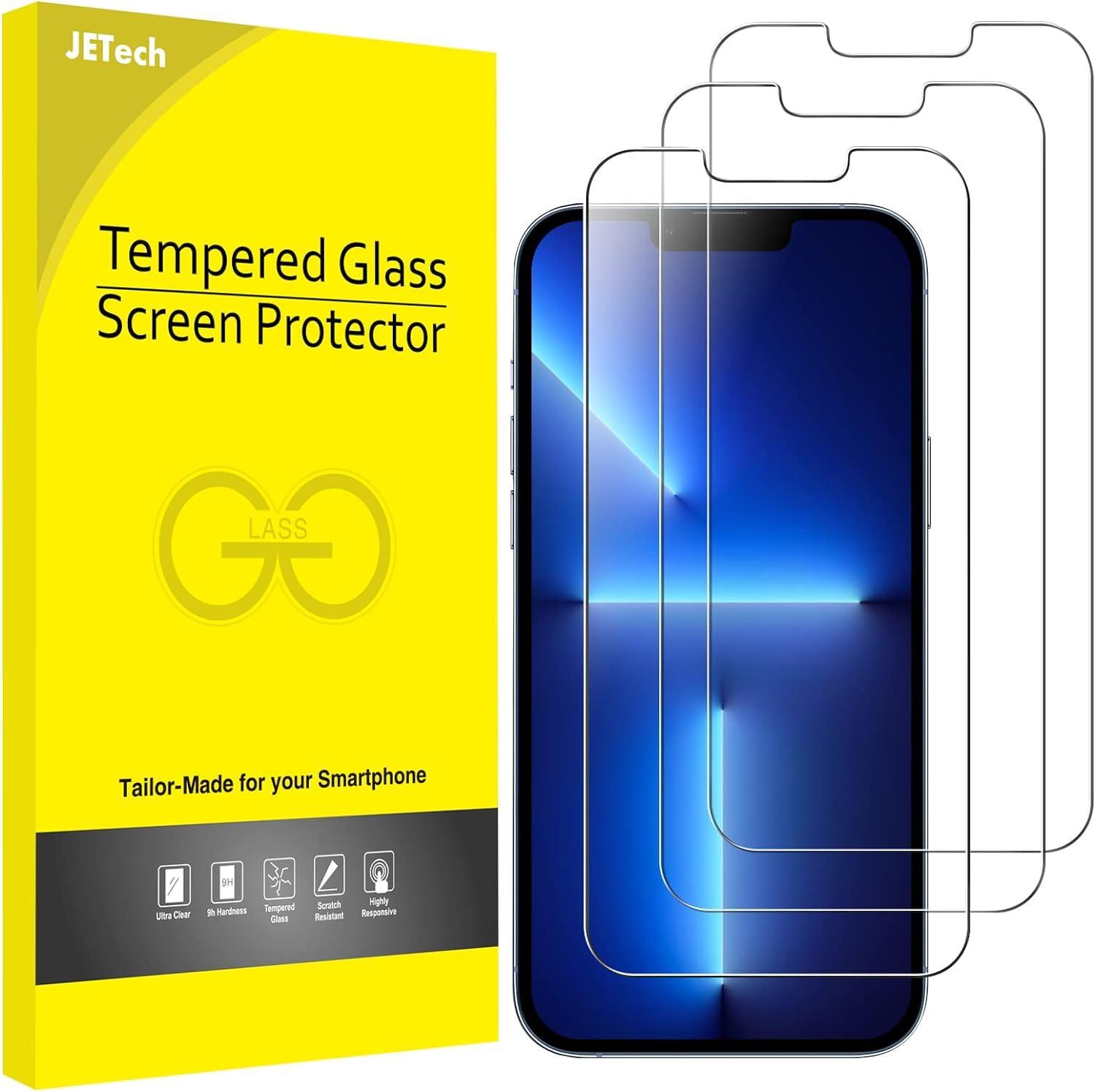 JETech Screen Protector for iPhone 17e/16e/13 packaging with three tempered glass protectors and cleaning kit