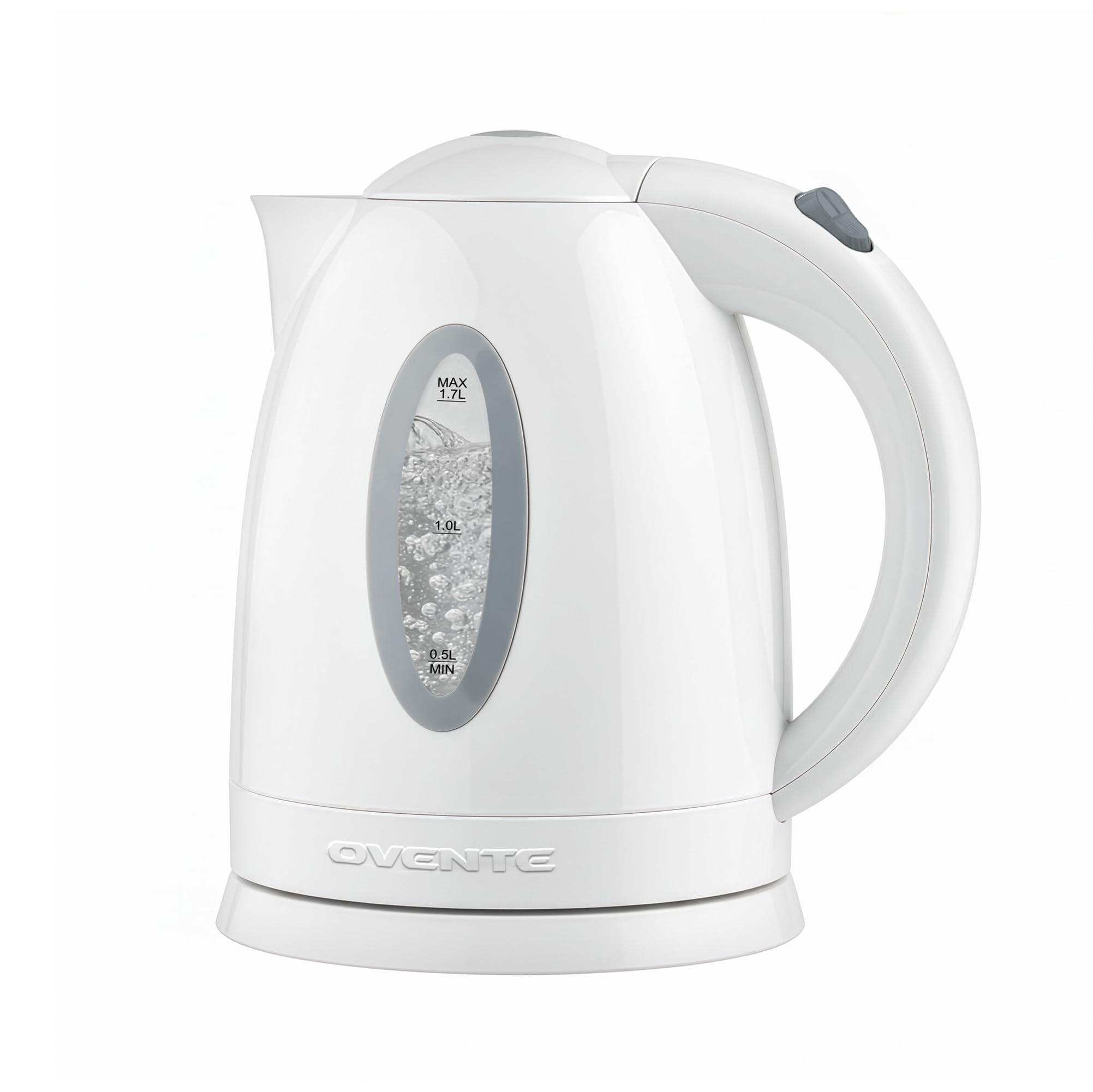 OVENTE Electric Kettle 1.7L white with water level gauge, plugged in on counter