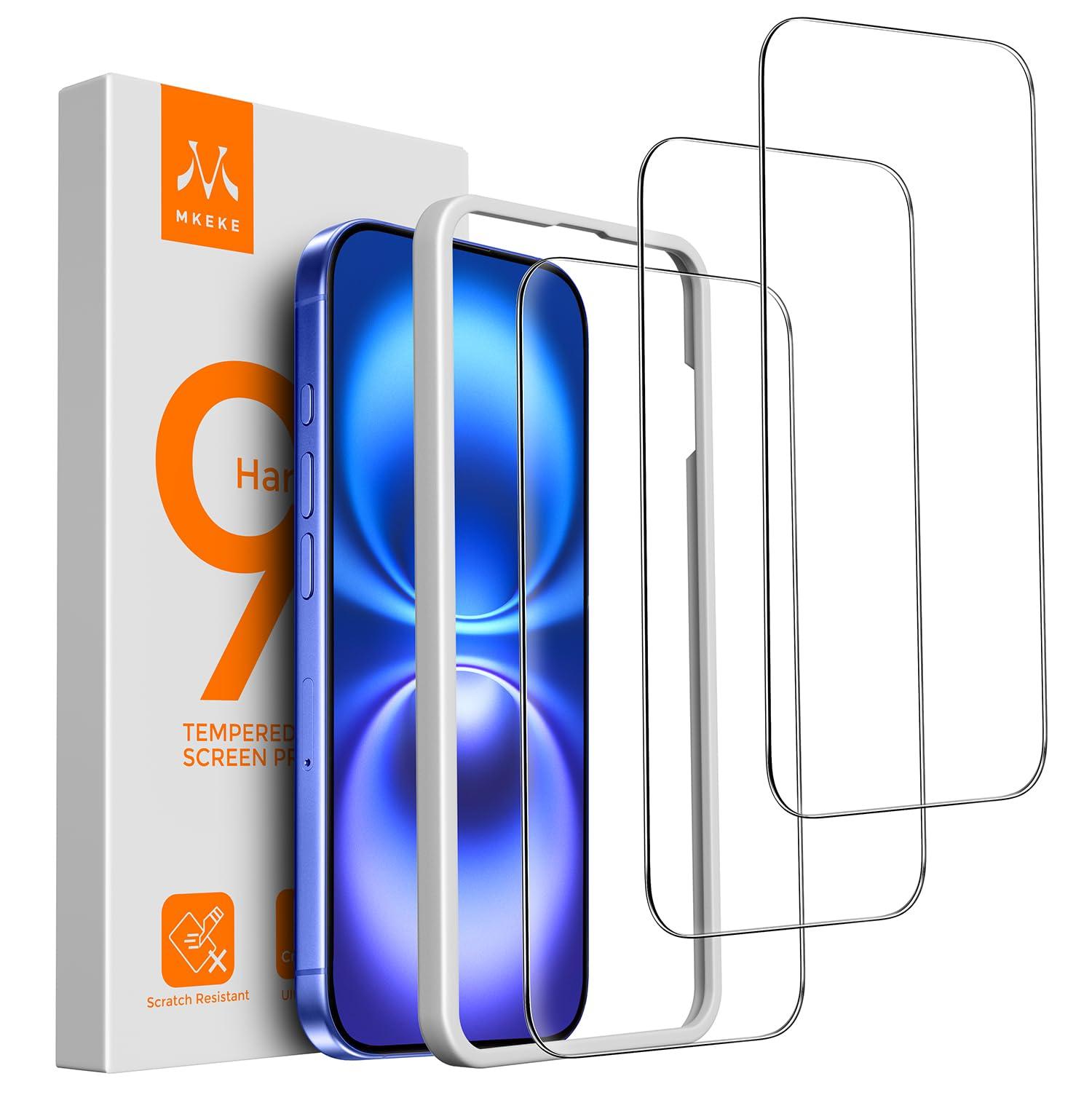 Mkeke 3 Pack Screen Protector for iPhone 16/15 with installation frame and cleaning kit