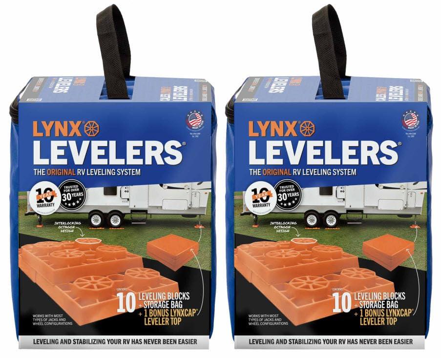 Lynx Levelers 22‑Pack used to level an RV on uneven ground
