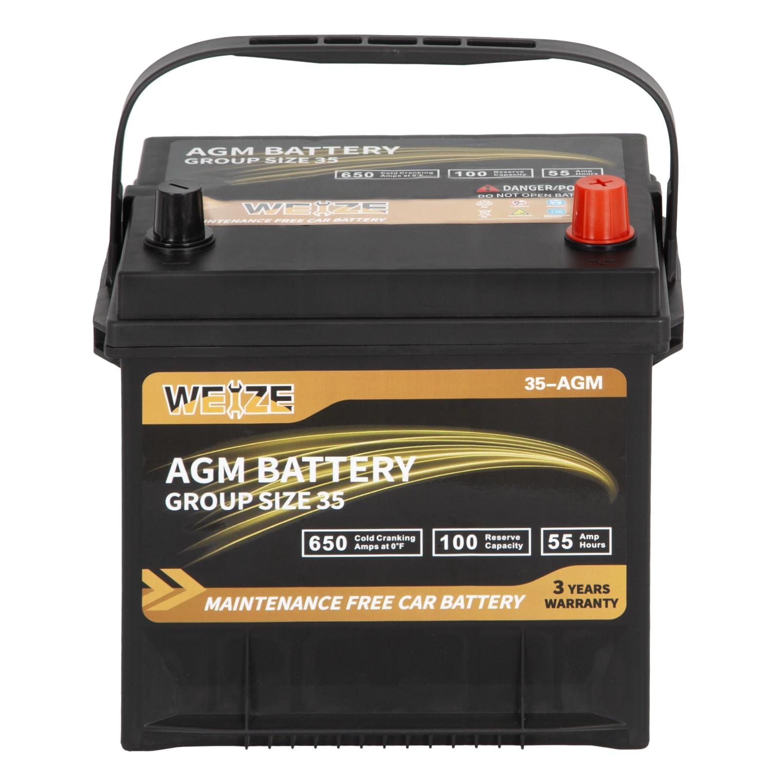 Weize Platinum AGM BCI Group 35 automotive battery with 650 CCA and 36-month warranty