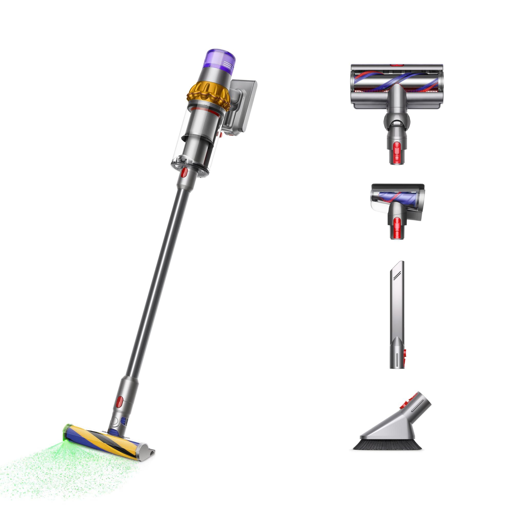 Dyson V15 Detect Plus cordless stick vacuum with laser illumination on hard floor