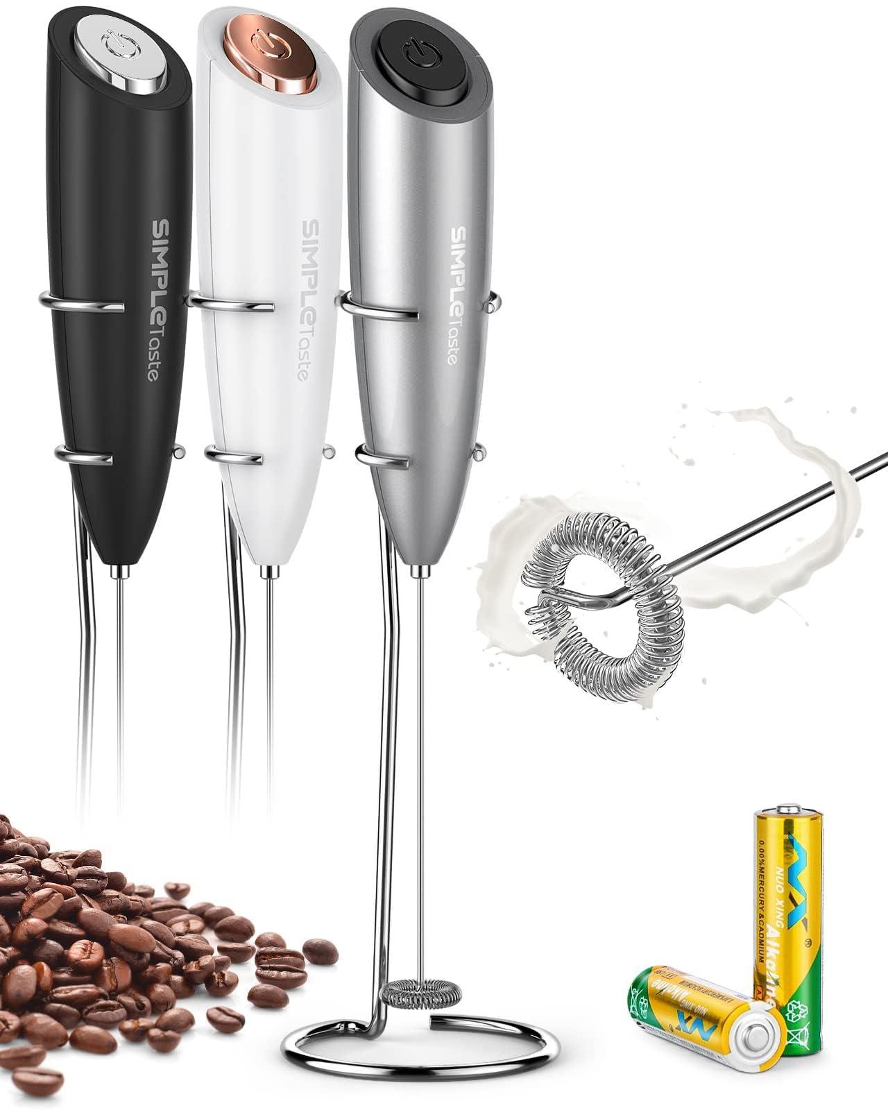 SIMPLETASTE Handheld Milk Frother with stainless steel whisk and stand