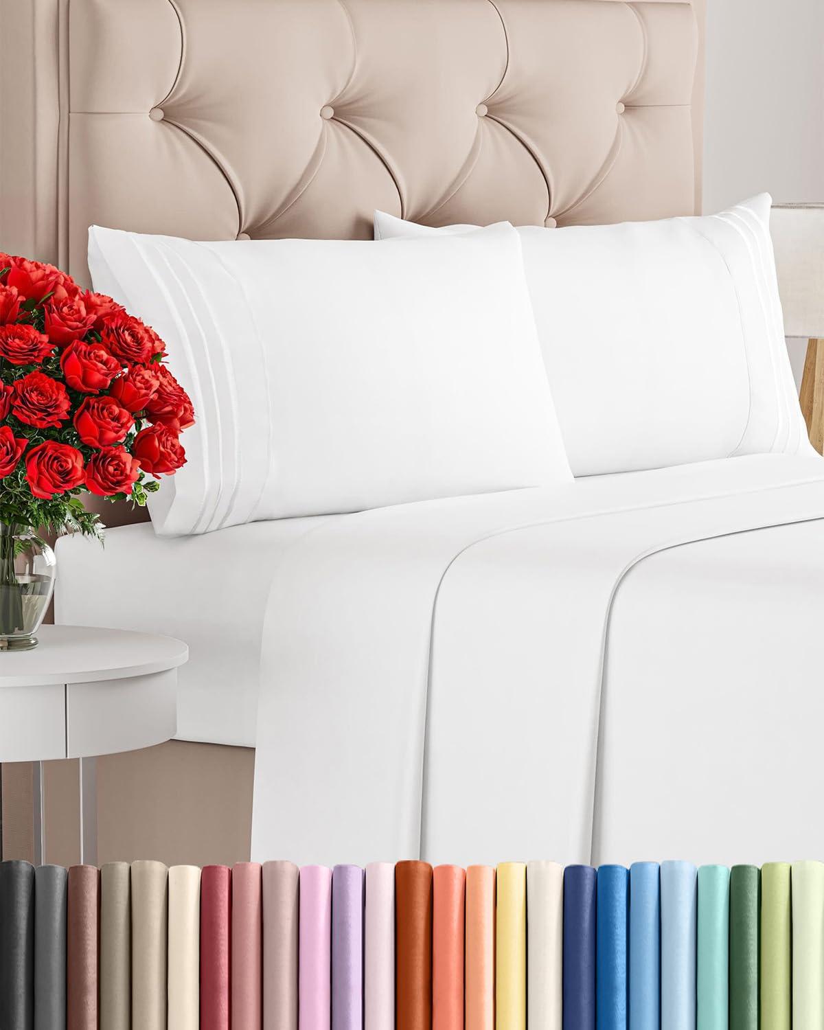 CGK Unlimited Queen Size 4 Piece Sheet Set - white microfiber sheets with deep pocket fitted sheet