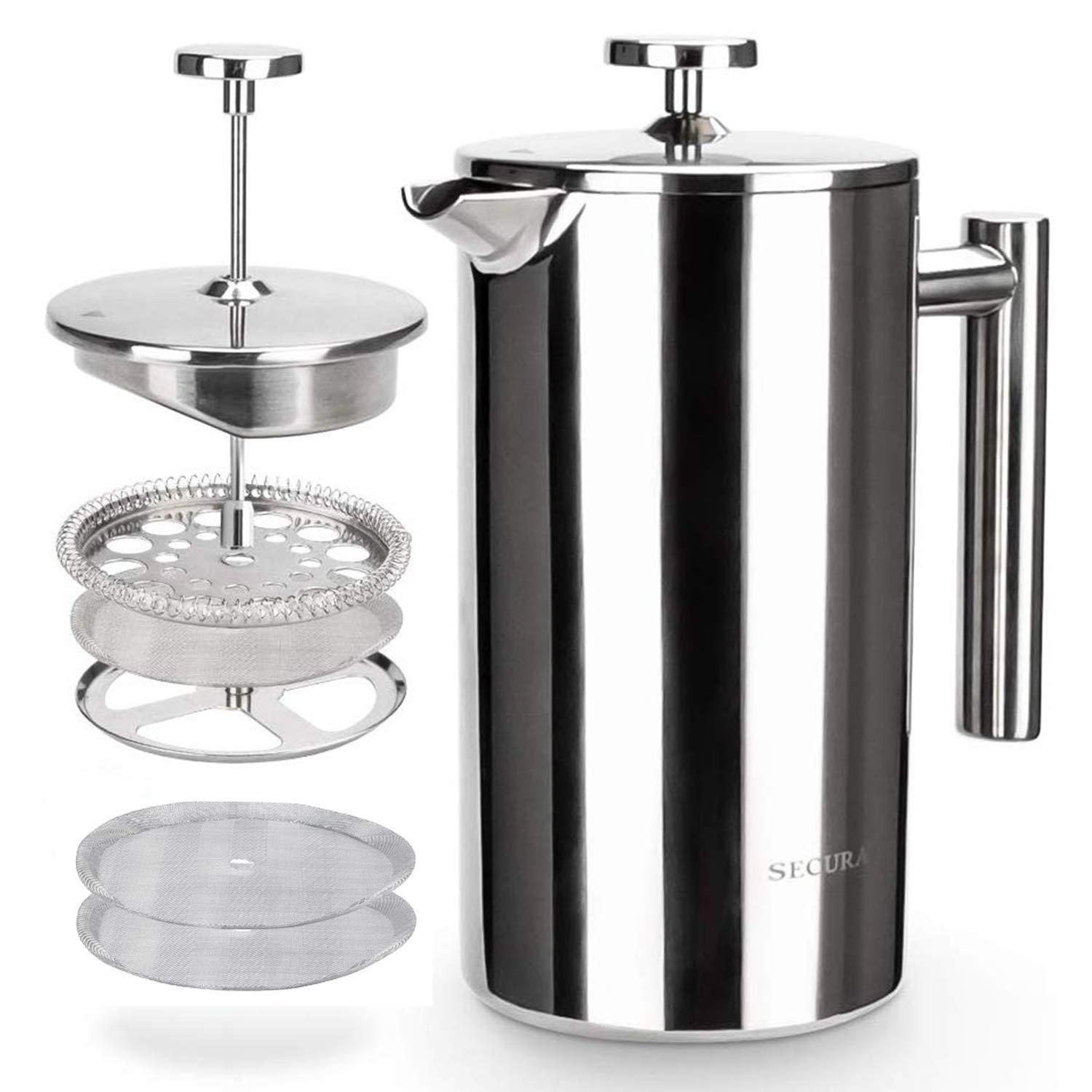 Secura French Press Coffee Maker, 304 Grade Stainless Steel Insulated Coffee Press with 2 Extra Screens, 34oz