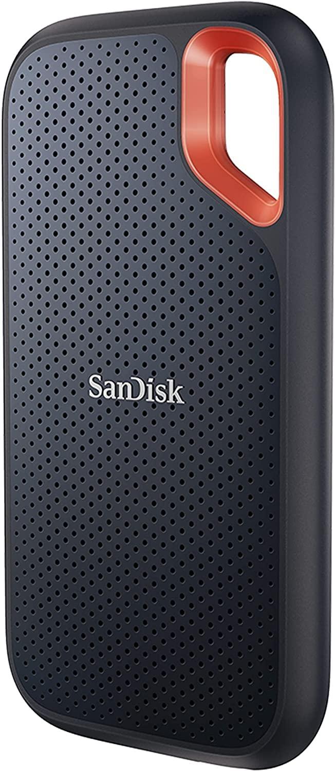 Sandisk 2TB Extreme Portable SSD with carabiner loop, black, front and side view