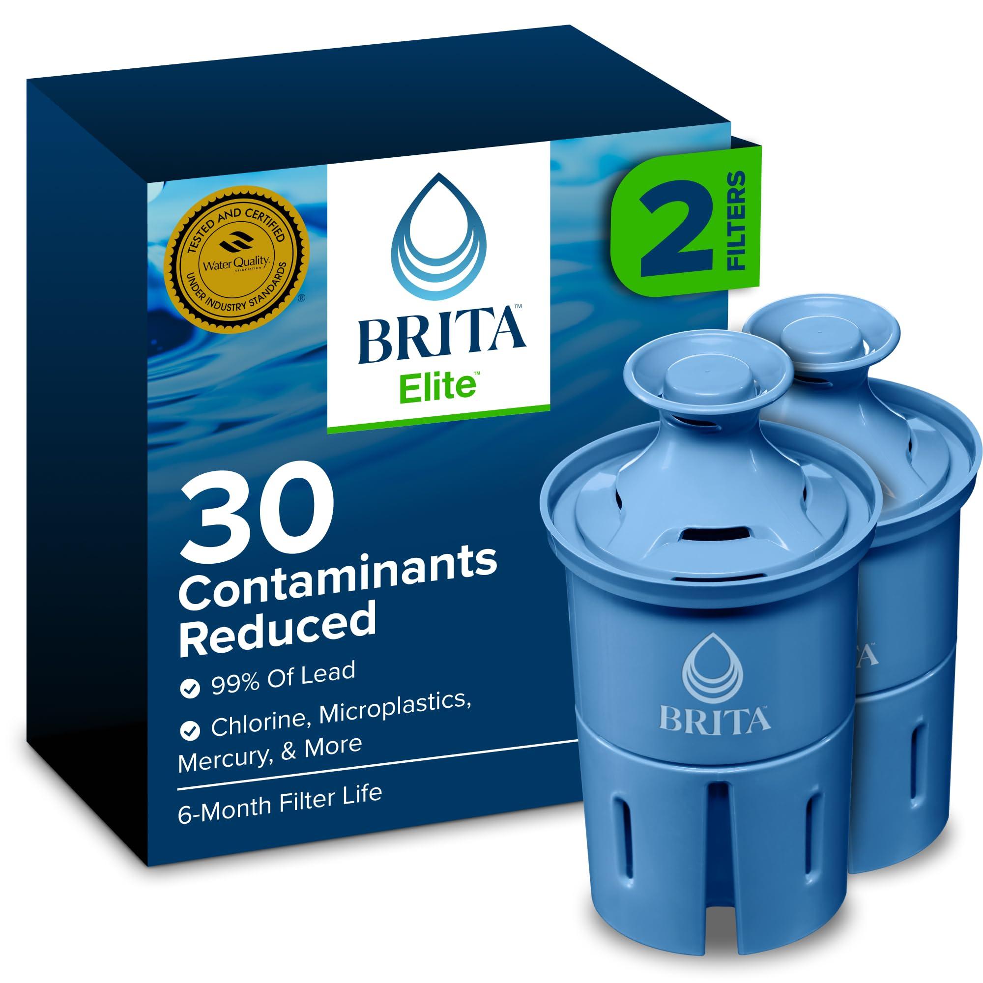 Brita Elite Water Filter replacements, 2-pack, showing filter cartridge and packaging
