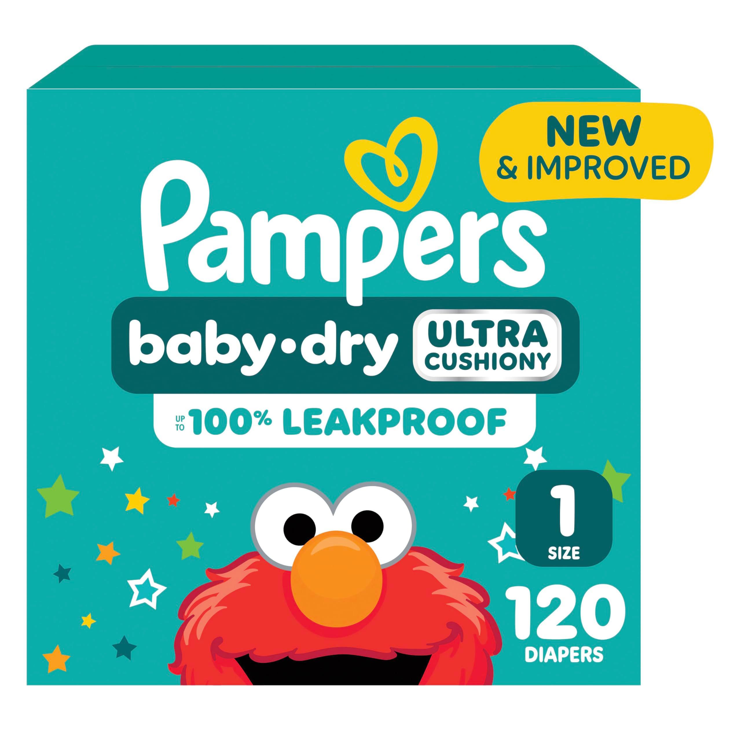Pampers Baby Dry Size 1 diapers, 120 count pack, front view