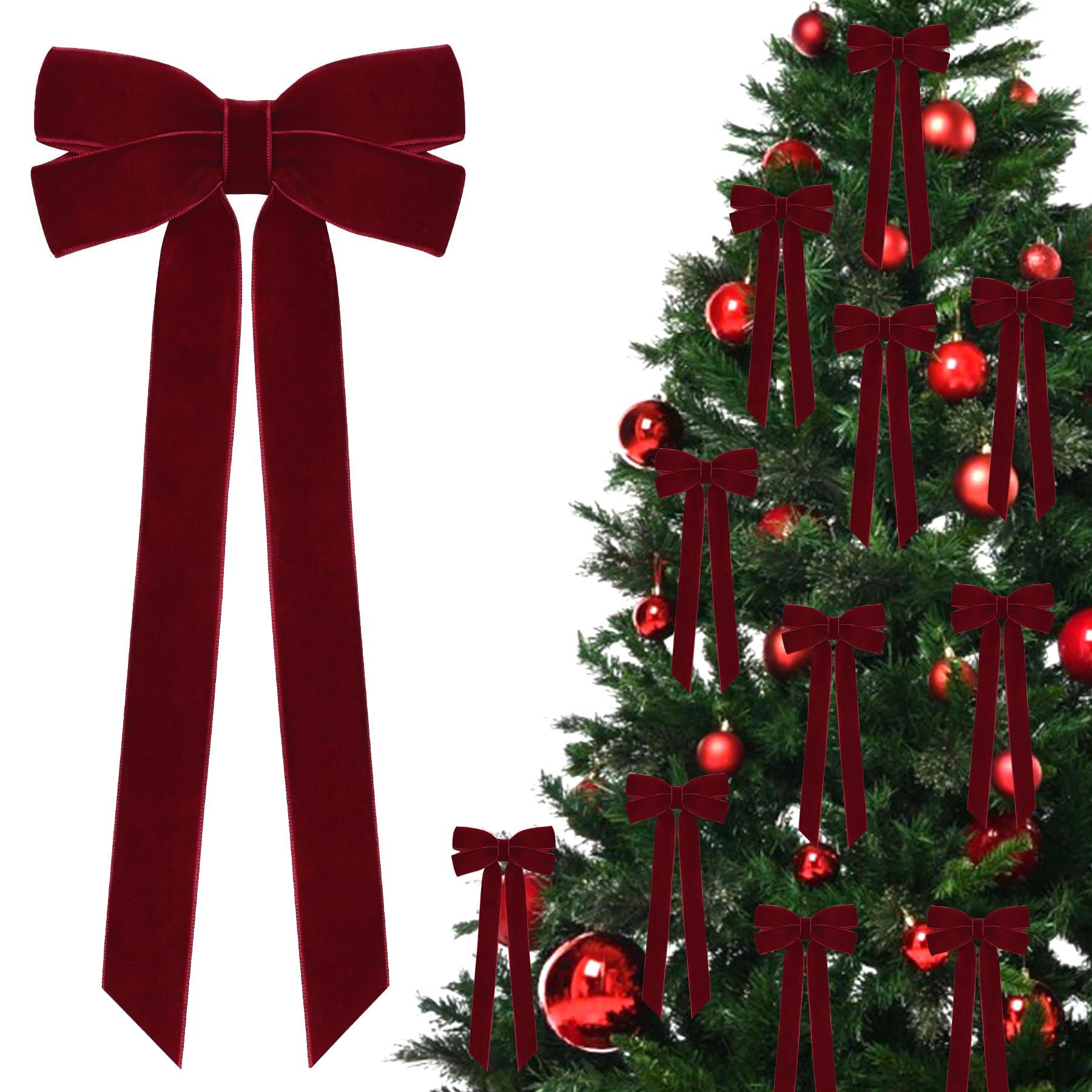 Set of twelve burgundy velvet pre-tied bows arranged on a flat surface
