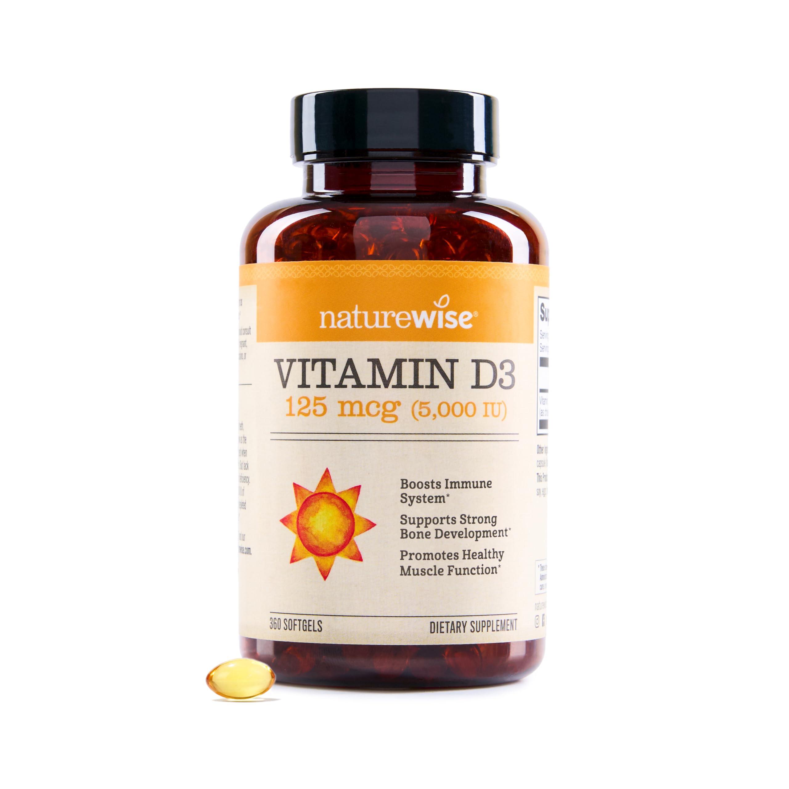 NatureWise Vitamin D3 5000 IU and Nature's Bounty Vitamin D3 5000 IU softgel bottles side by side on a white background