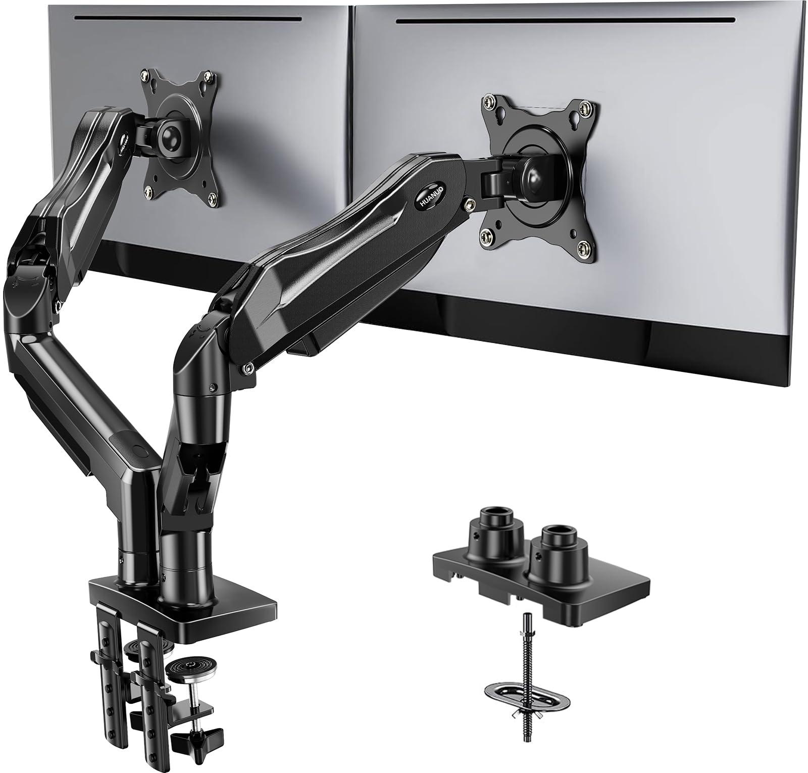 HUANUO FlowLift Dual Monitor Stand holding two computer screens on a desk with clamps