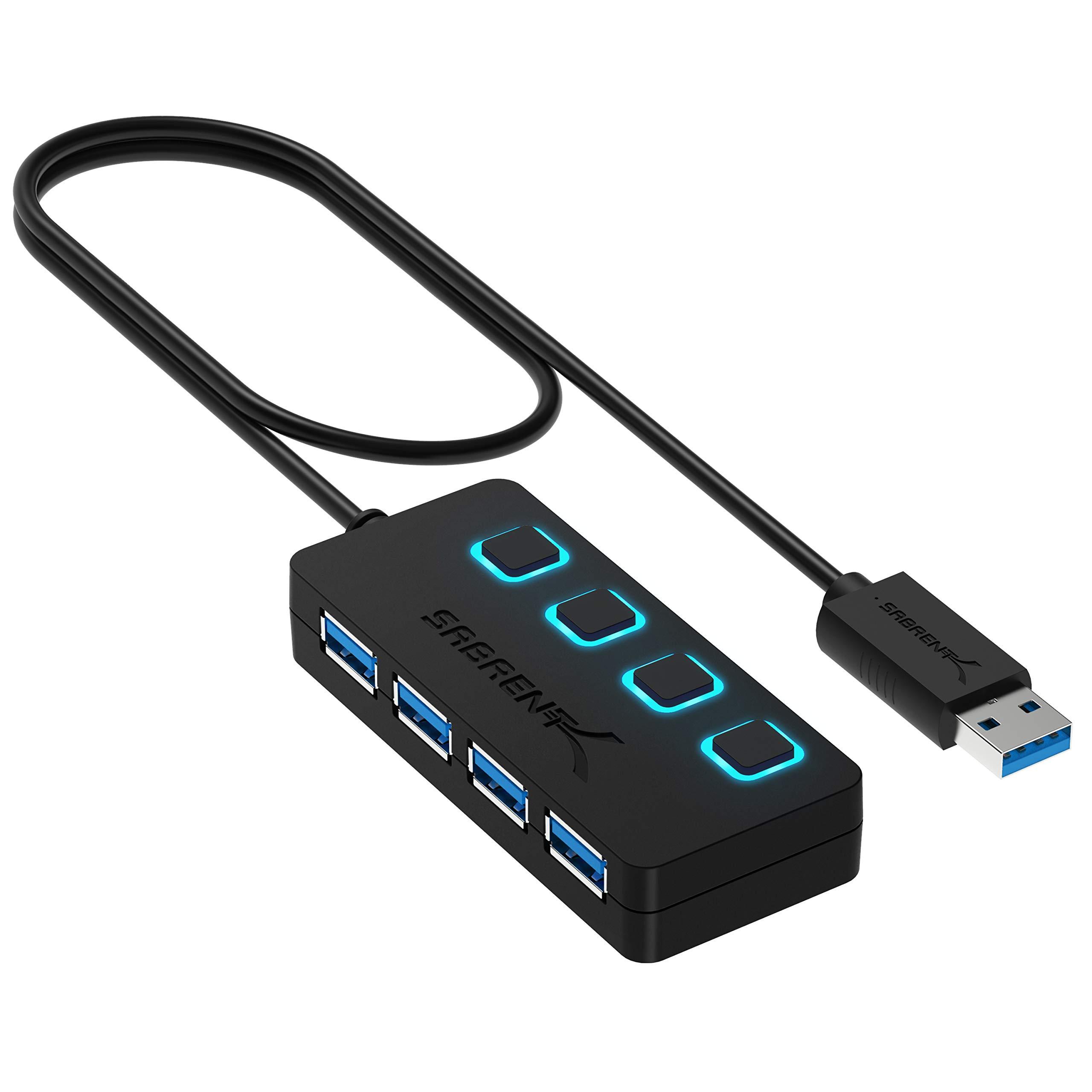 SABRENT 4-Port USB 3.0 Hub with individual LED power switches and 2 ft cable