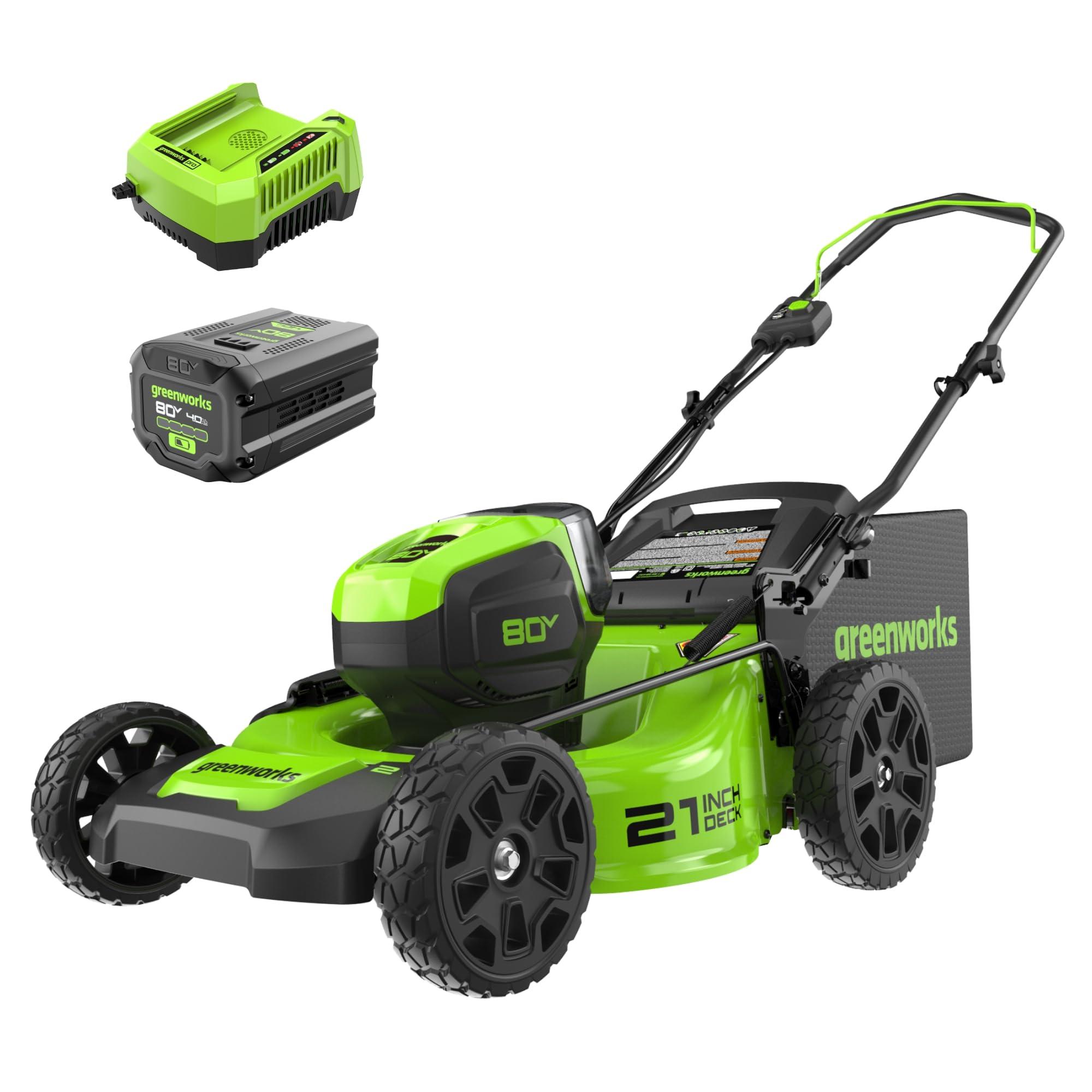 Greenworks 80V cordless lawn mower on grass, ready to mow a suburban lawn