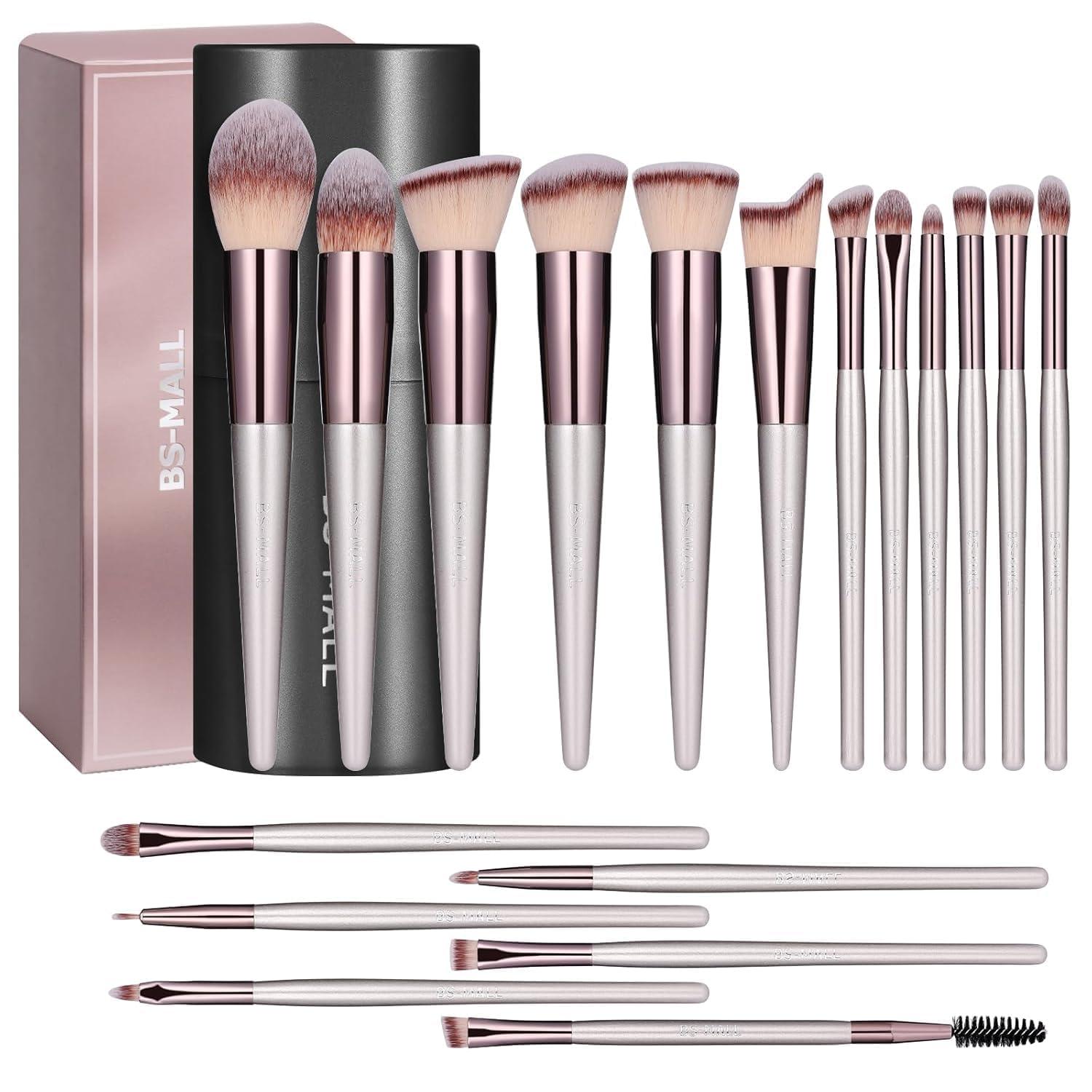 BS-MALL 18-Piece Makeup Brush Set with labeled black case and rose gold handles