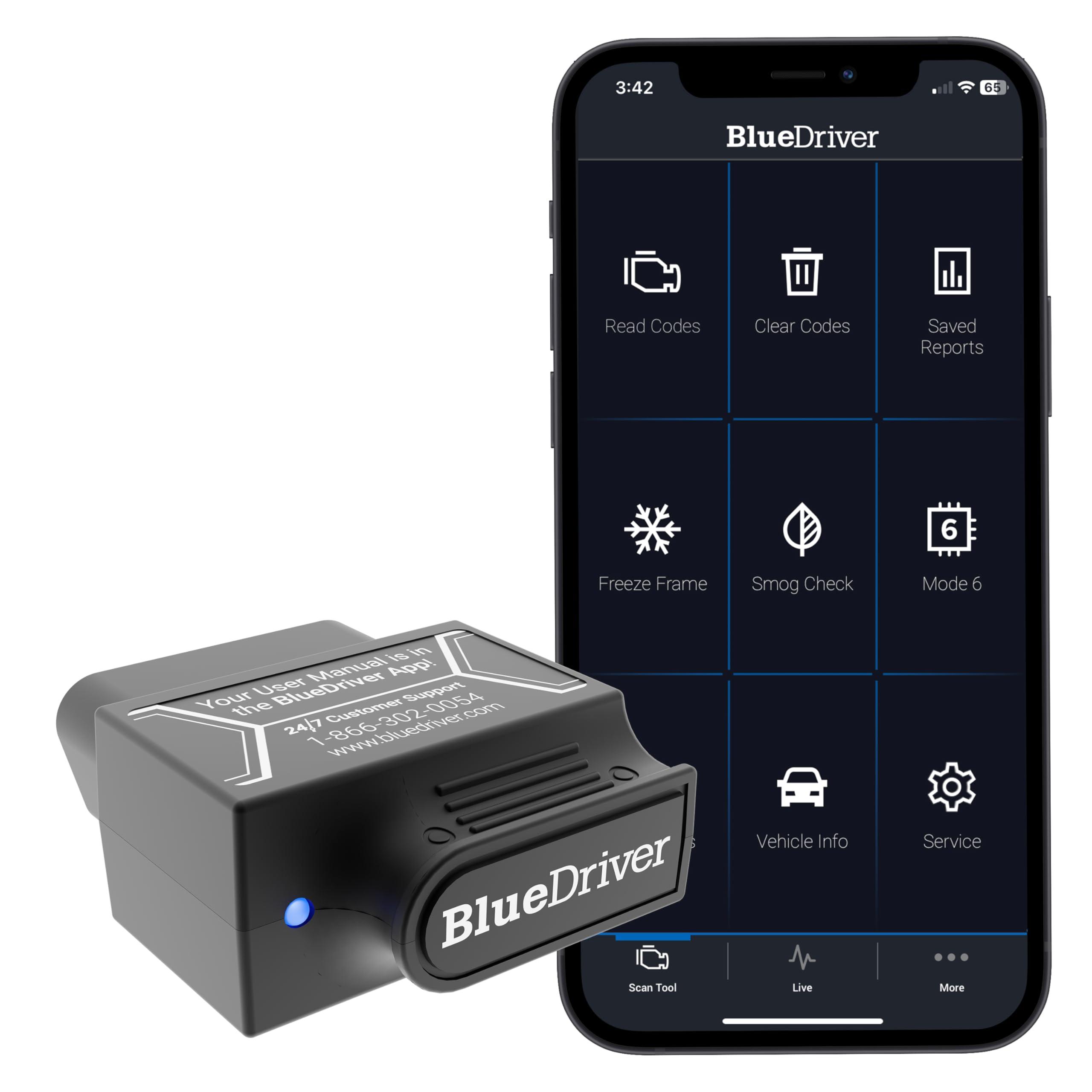 BlueDriver Bluetooth Pro OBDII Scan Tool plugged into a car's OBD2 port