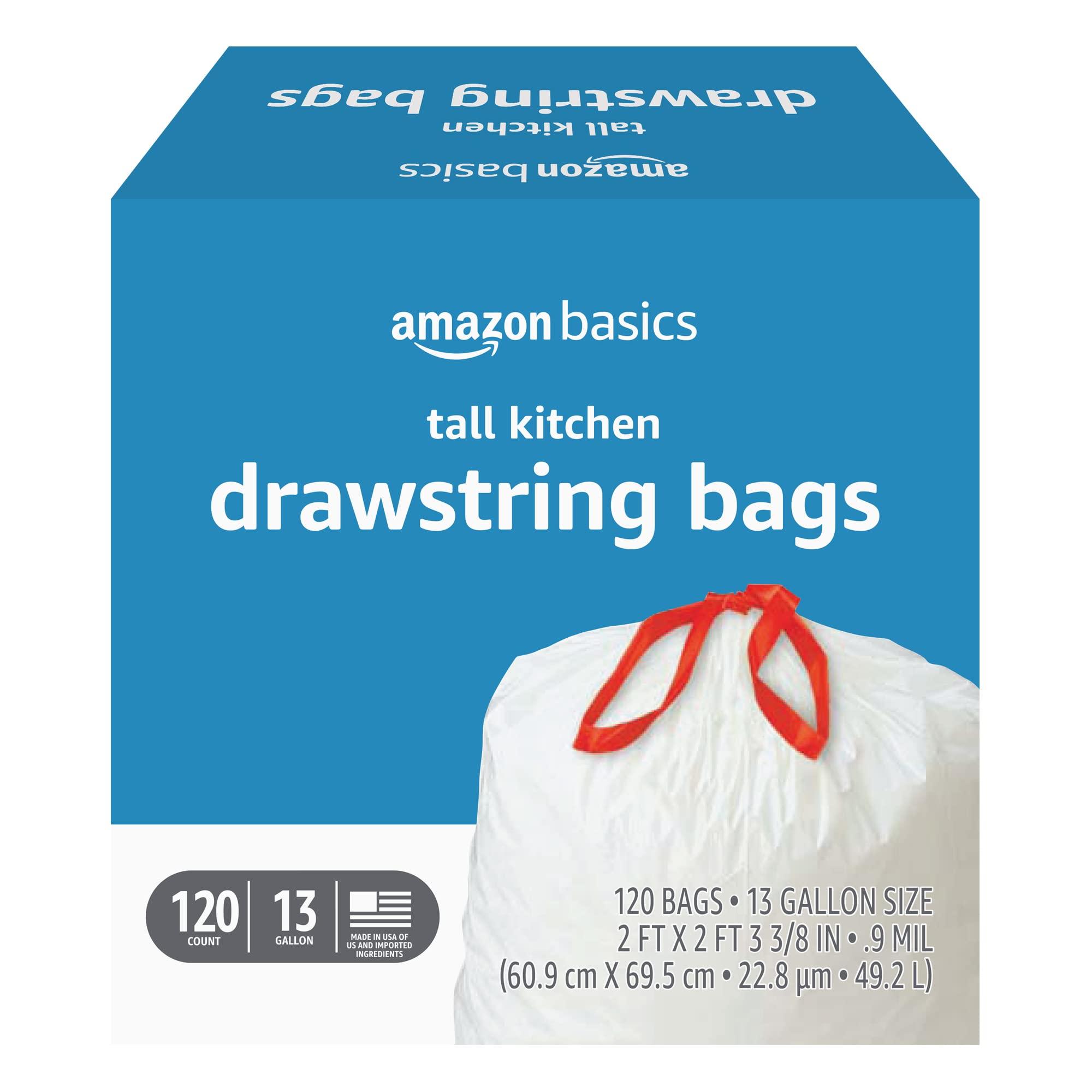 Amazon Basics Tall Kitchen Drawstring Trash Bags, 13 gallon, 120 count, white trash bag on a white background