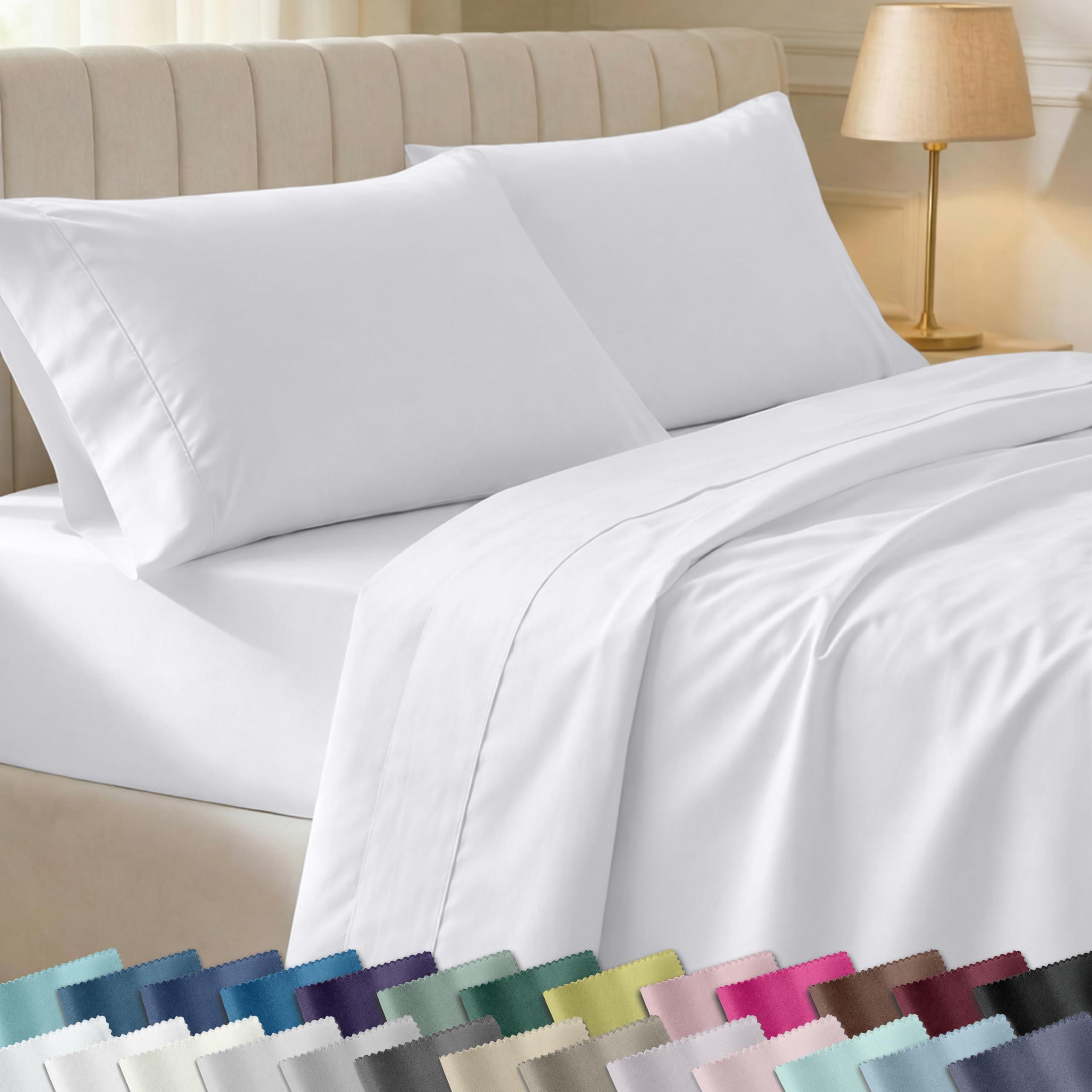 California Design Den 100% Cotton Queen Sheet Set in White, folded on bed