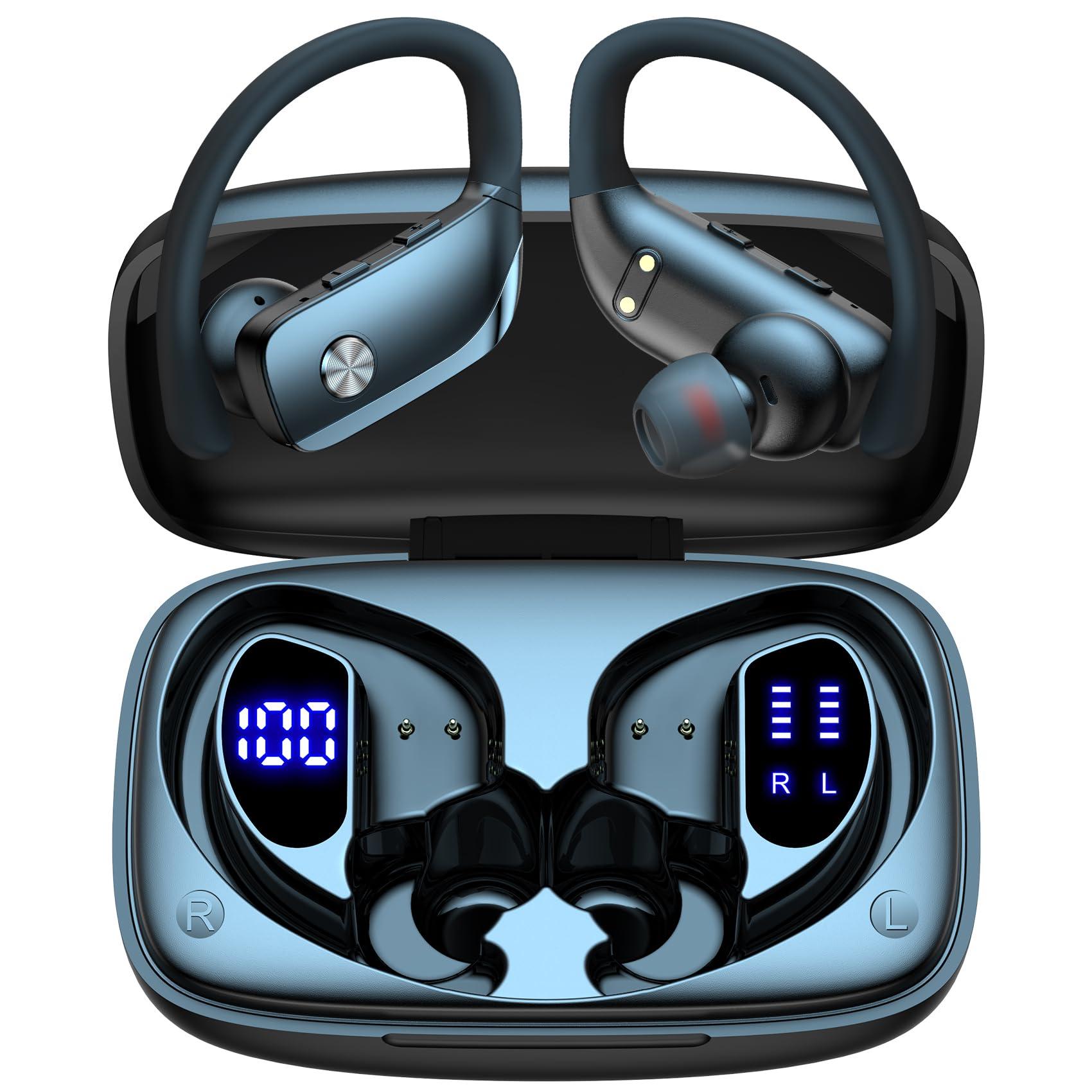 bmani T16 wireless earbuds with over-ear hooks on a dark surface