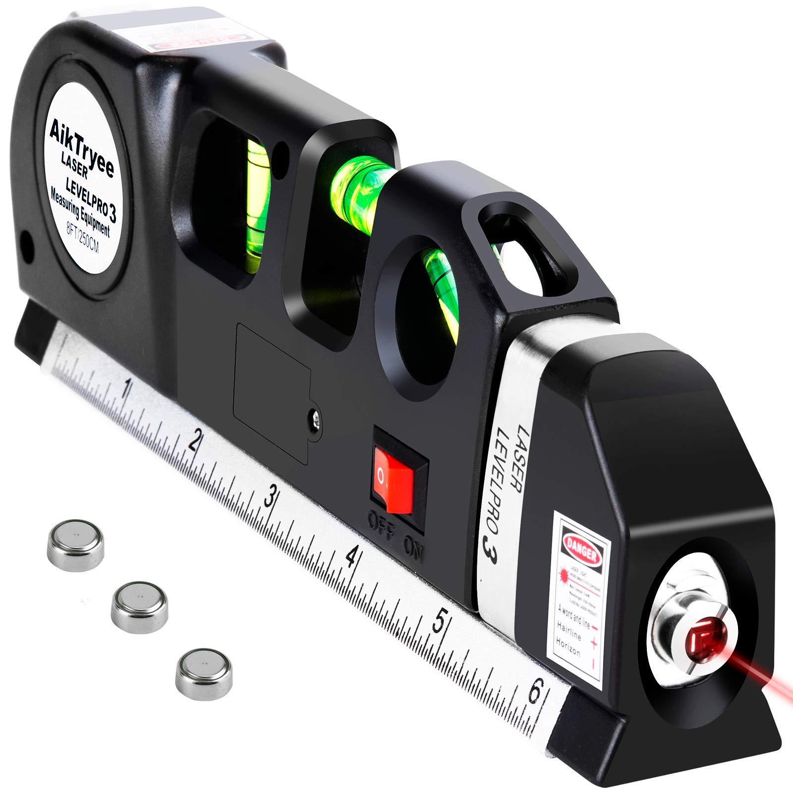 AikTryee multipurpose laser level with cross line and built-in 8ft tape measure