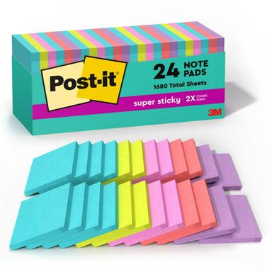 Post-it Super Sticky Notes, 24 Pads, Supernova Neons, 70 Sheets per Pad