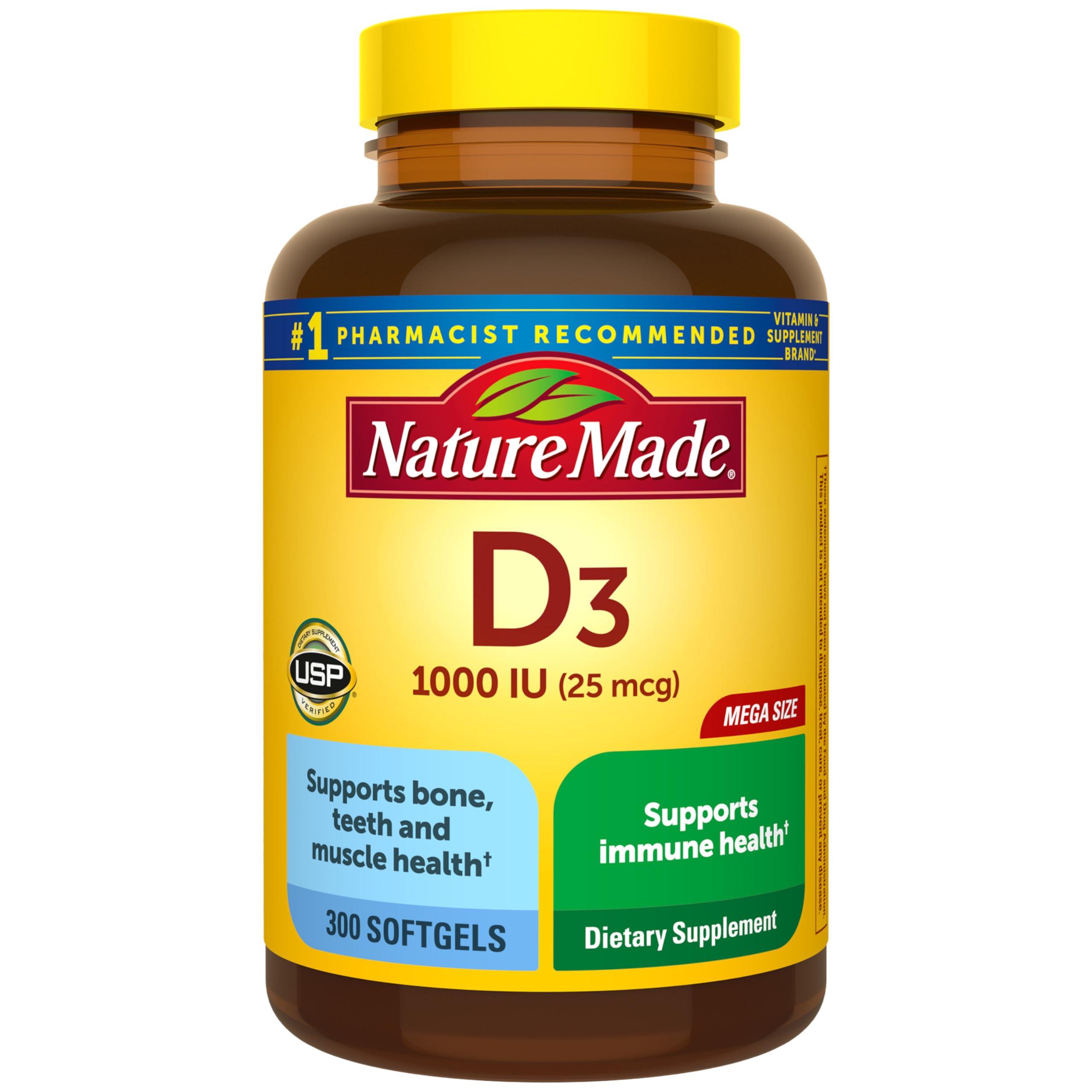 Nature Made Vitamin D3 1000 IU softgels in a white bottle with yellow label, surrounded by a few scattered softgels.