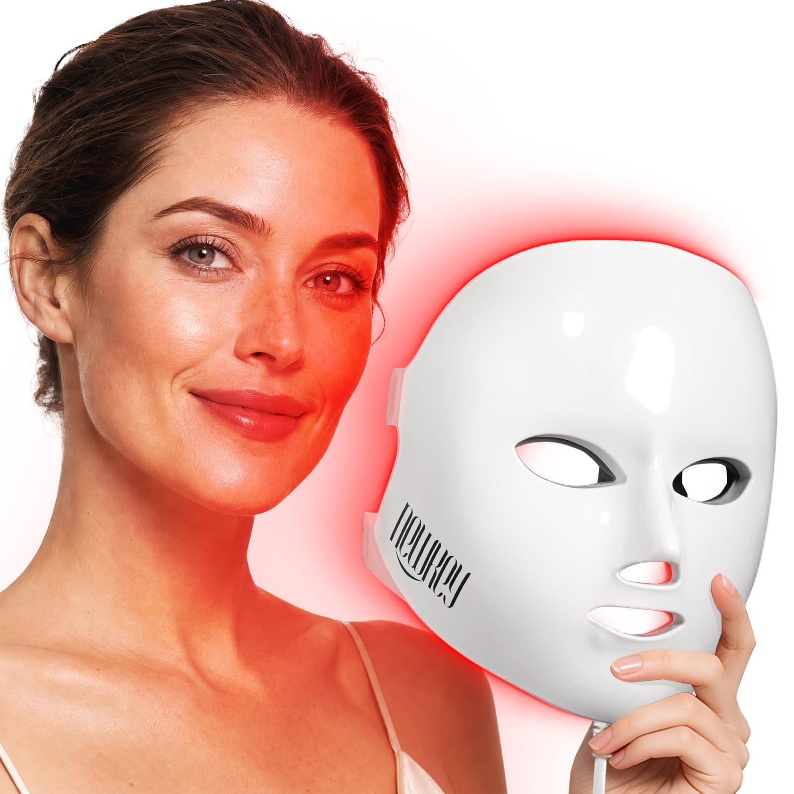 NEWKEY 4D LED Red Light Therapy Mask on a model, showing red glow