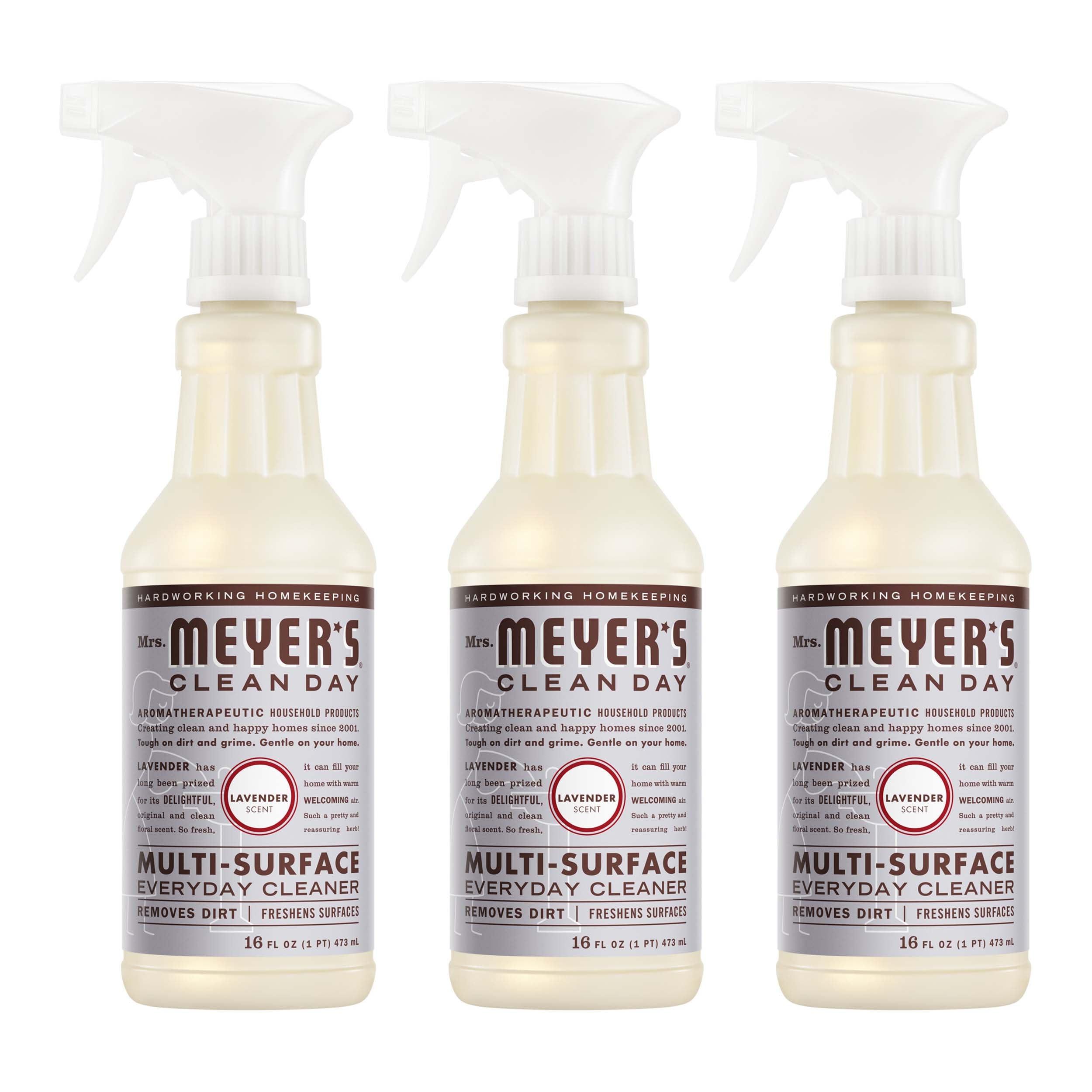Three 16-ounce bottles of Mrs. Meyer's Clean Day Multi-Surface Everyday Cleaner with lavender scent on a white background