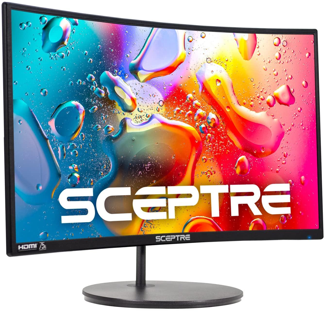Sceptre Curved 24-inch 1080p monitor with curved screen and built-in speakers on desk