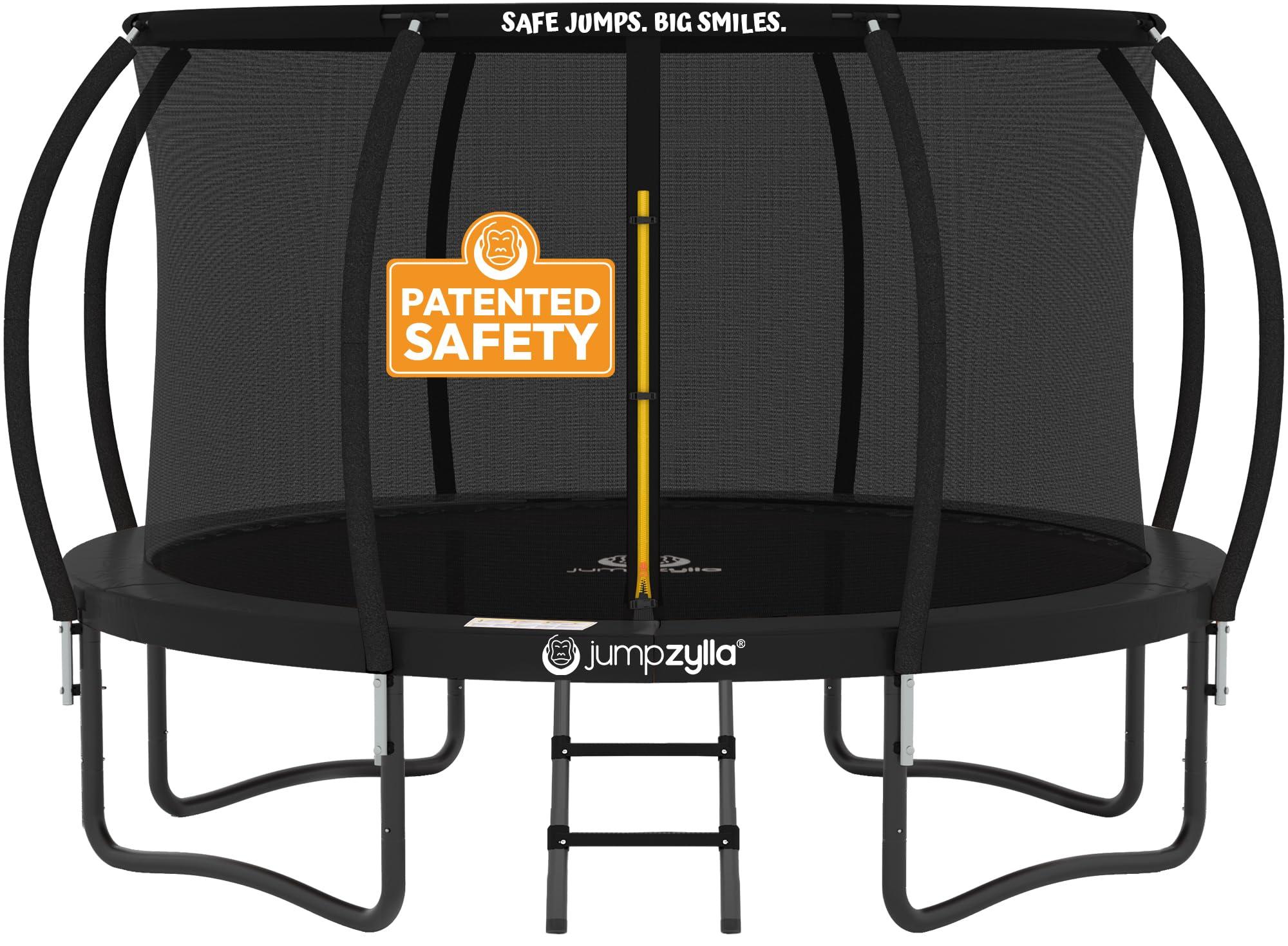 JUMPZYLLA trampoline with safety enclosure in a backyard