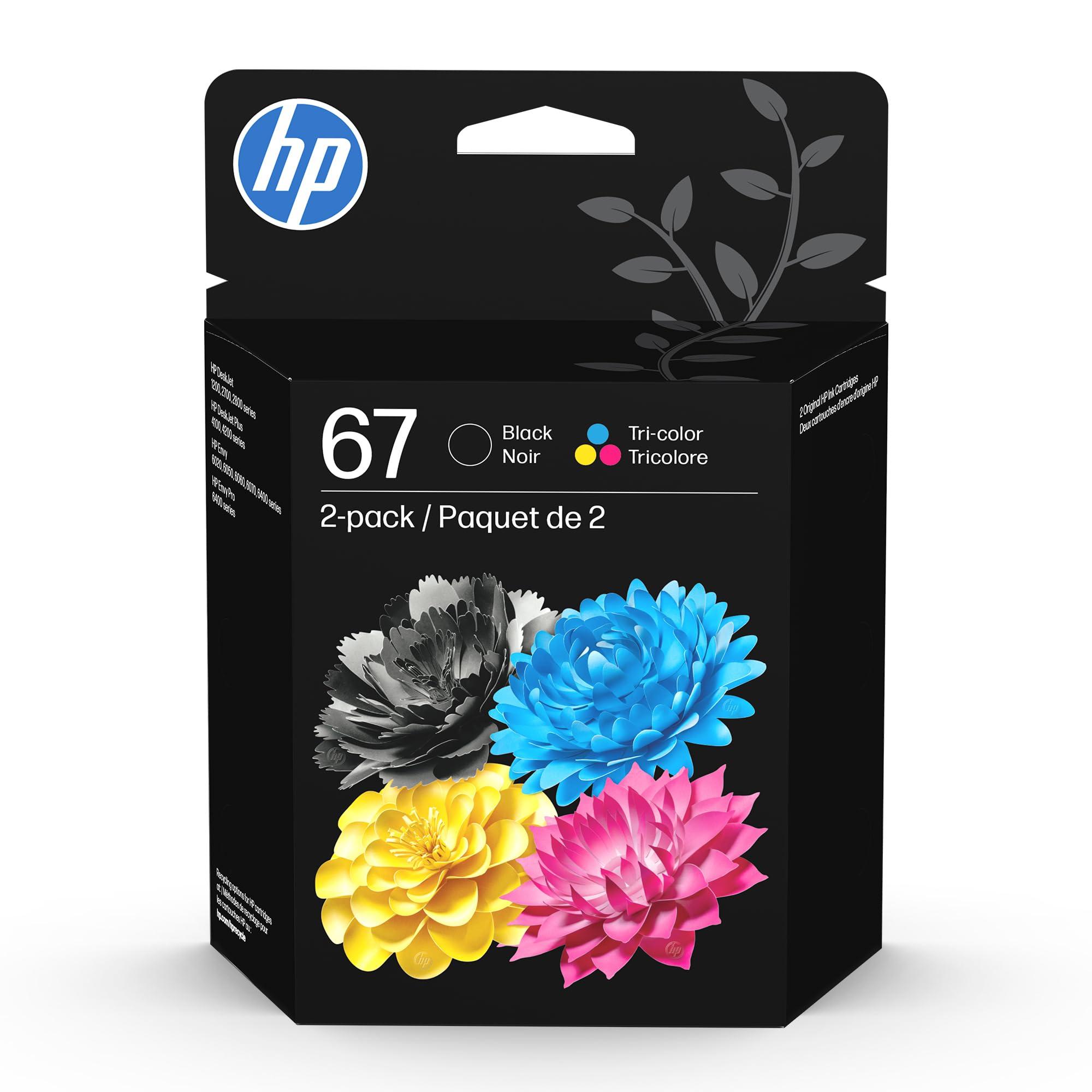 HP 67 Black and Tri-Color ink cartridges on a white background