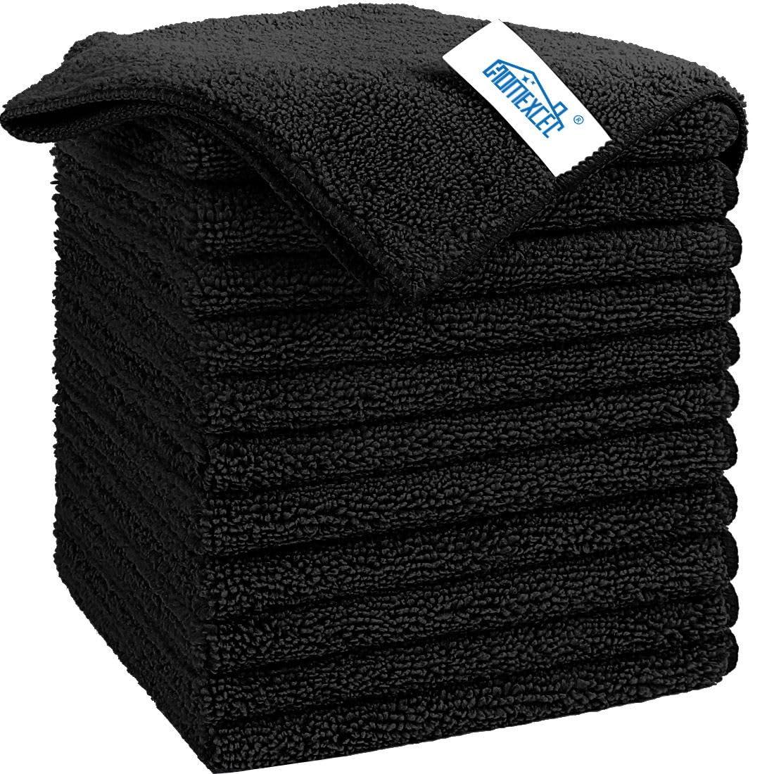 Assorted microfiber towels for car cleaning on a garage shelf