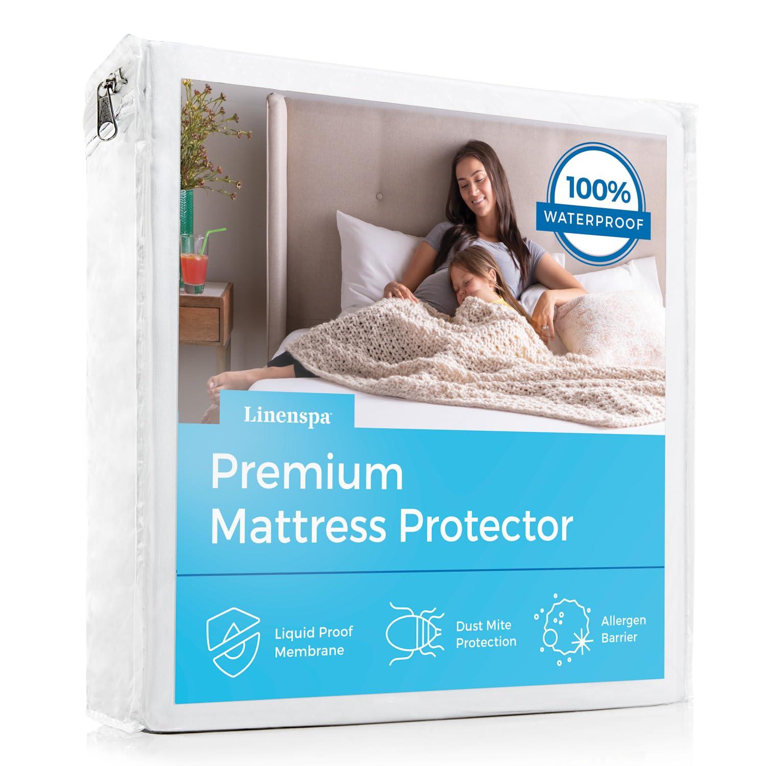 Linenspa Waterproof Mattress Protector Queen Size on a bed