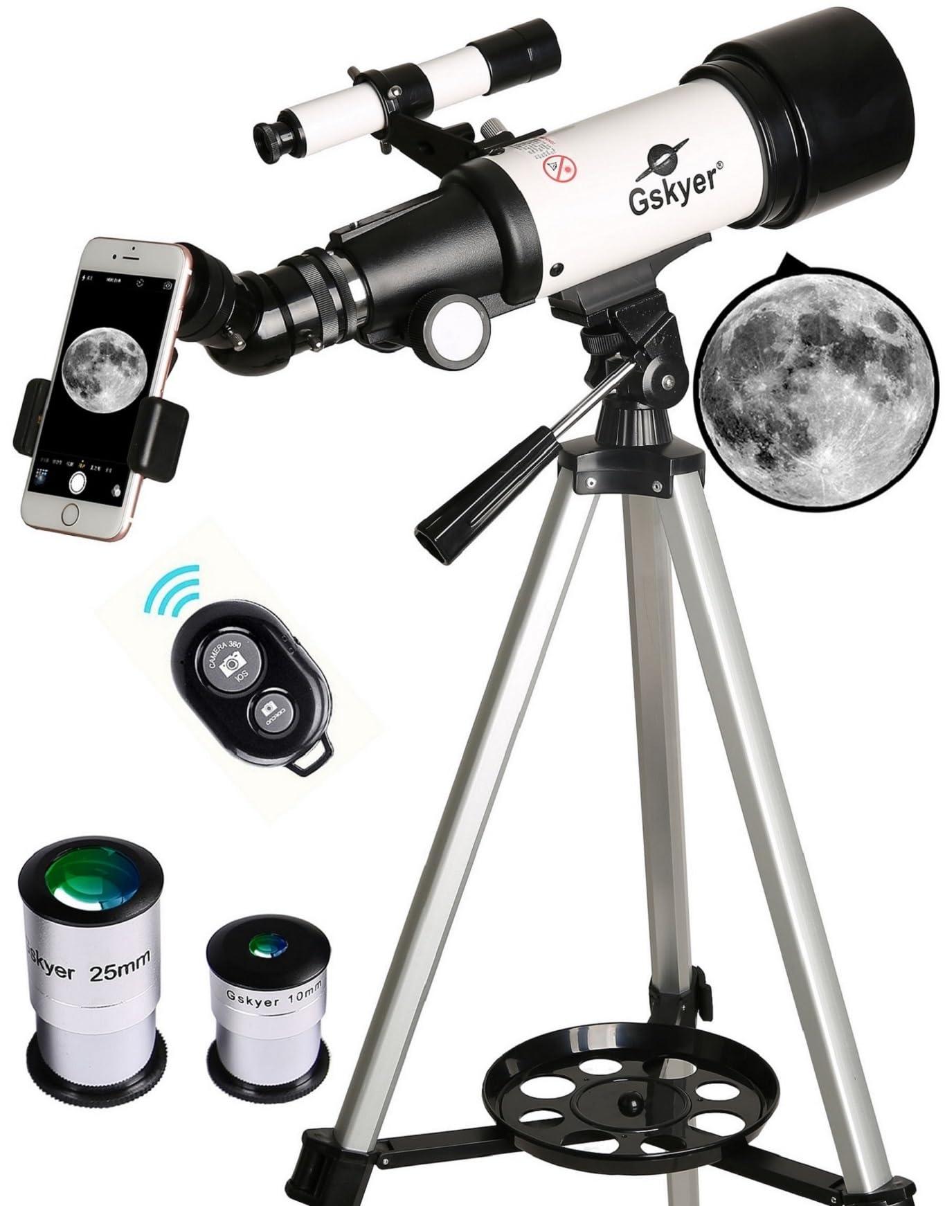 Gskyer 70mm telescope on altazimuth mount with tripod, phone adapter, and remote