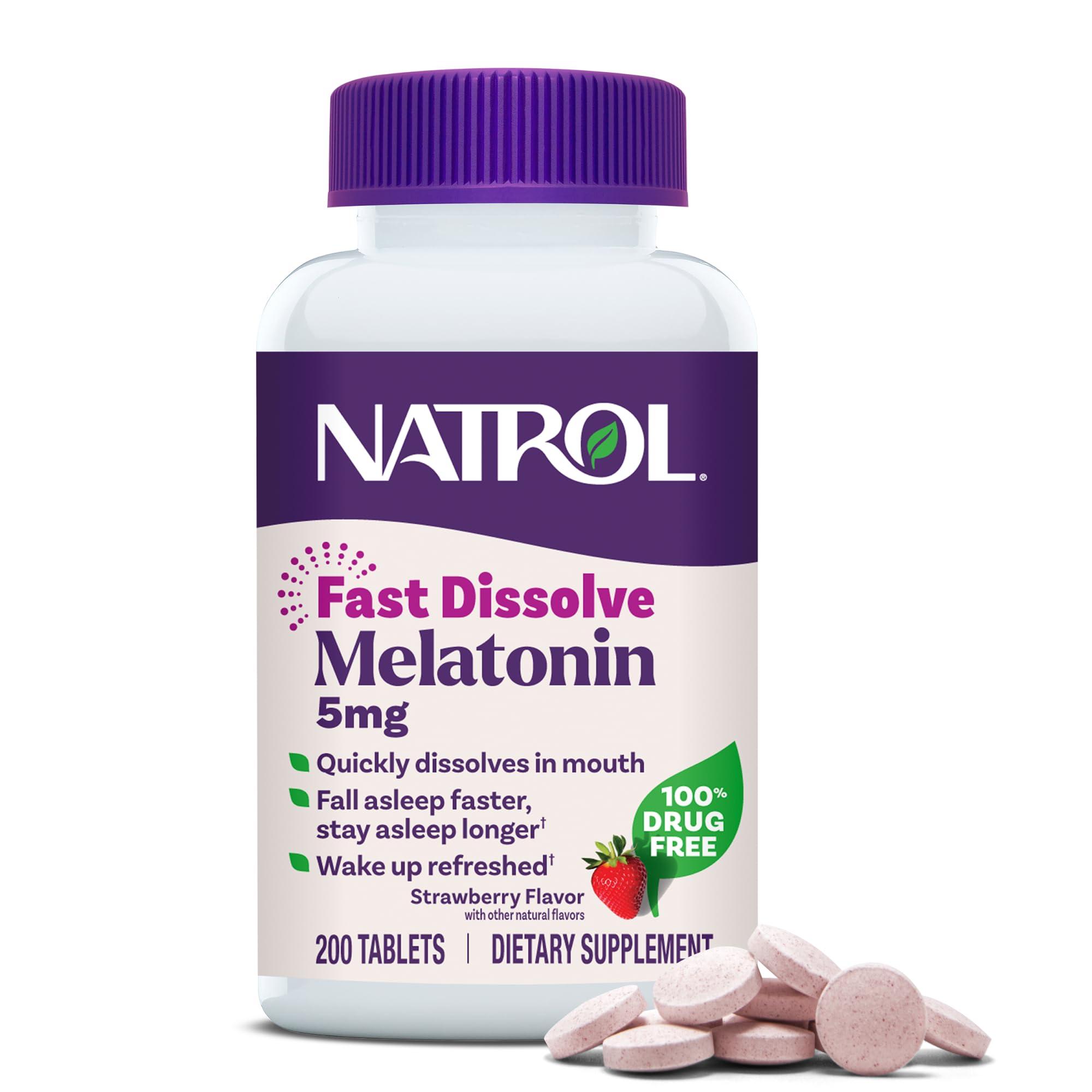 Natrol Melatonin 5mg Fast Dissolve Tablets bottle with strawberry flavor, 200 tablets