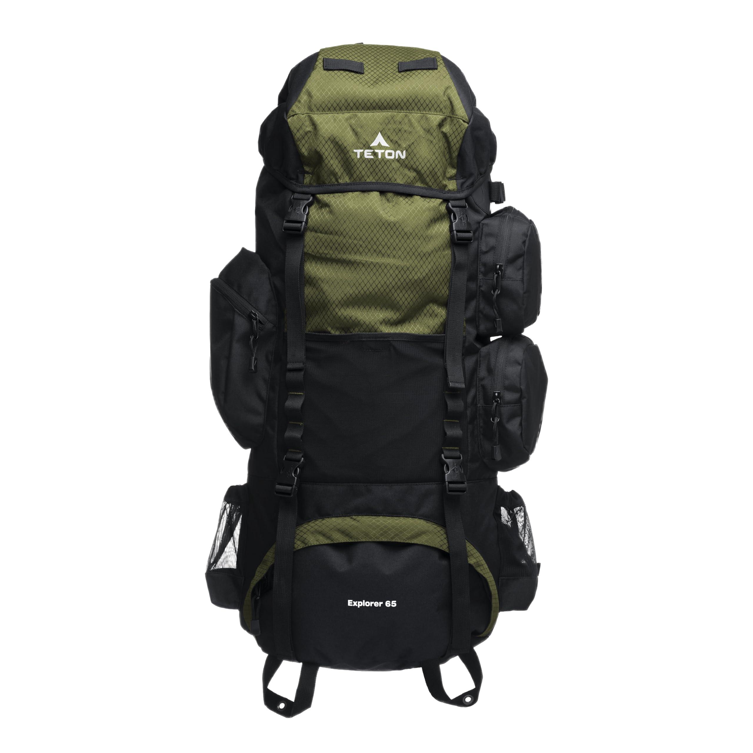 Teton 65L Explorer Internal Frame Backpack in olive green, front view with multiple pockets and compression straps