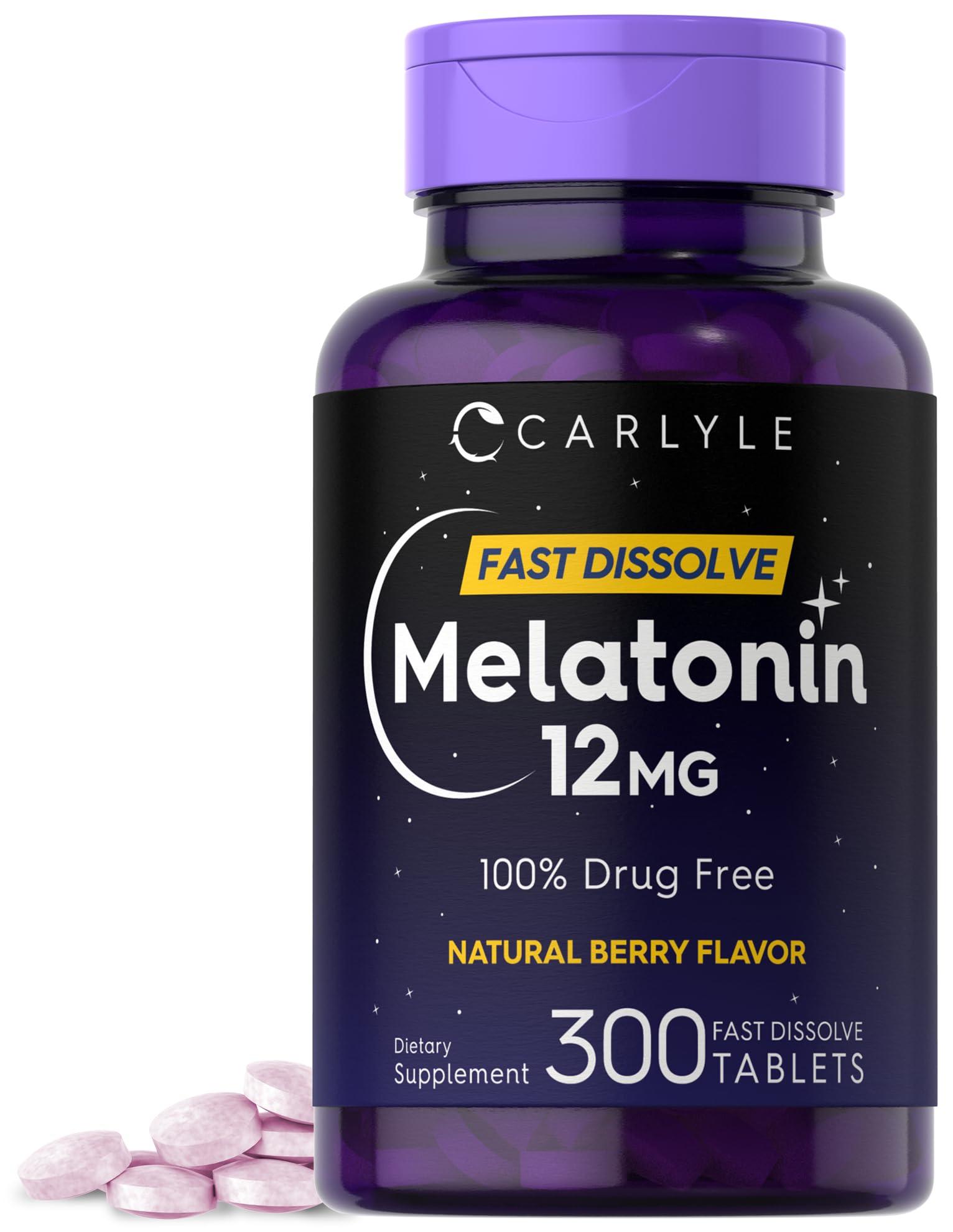Carlyle Melatonin 12 mg Fast Dissolve 300 Tablets bottle on a surface with berries.